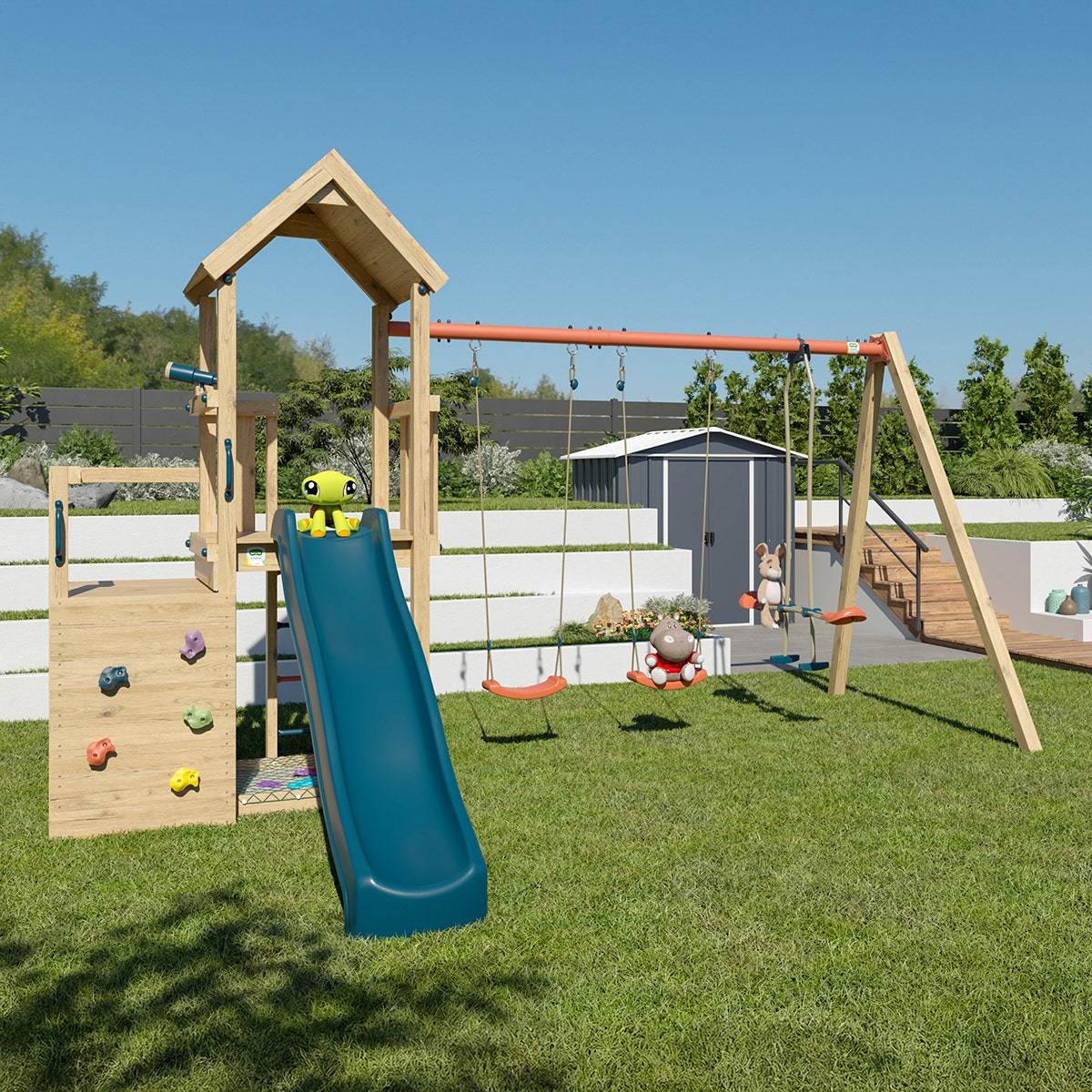 Aire de jeux Xchange Clever bois avec poutre métal 3 agrès - Image 7