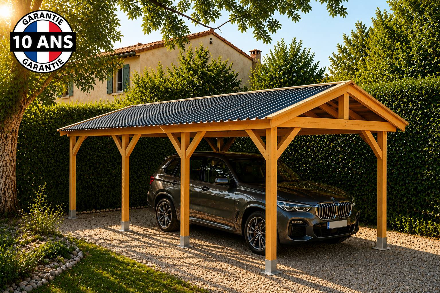 Cpbf Charpentes - Carport SUR MESURE charpente deux pentes 450 cm x 8 poteaux, bois DOUGLAS Français  (Charpente en bois-auvent-abri voiture). Garantie 10 ans - Image 4