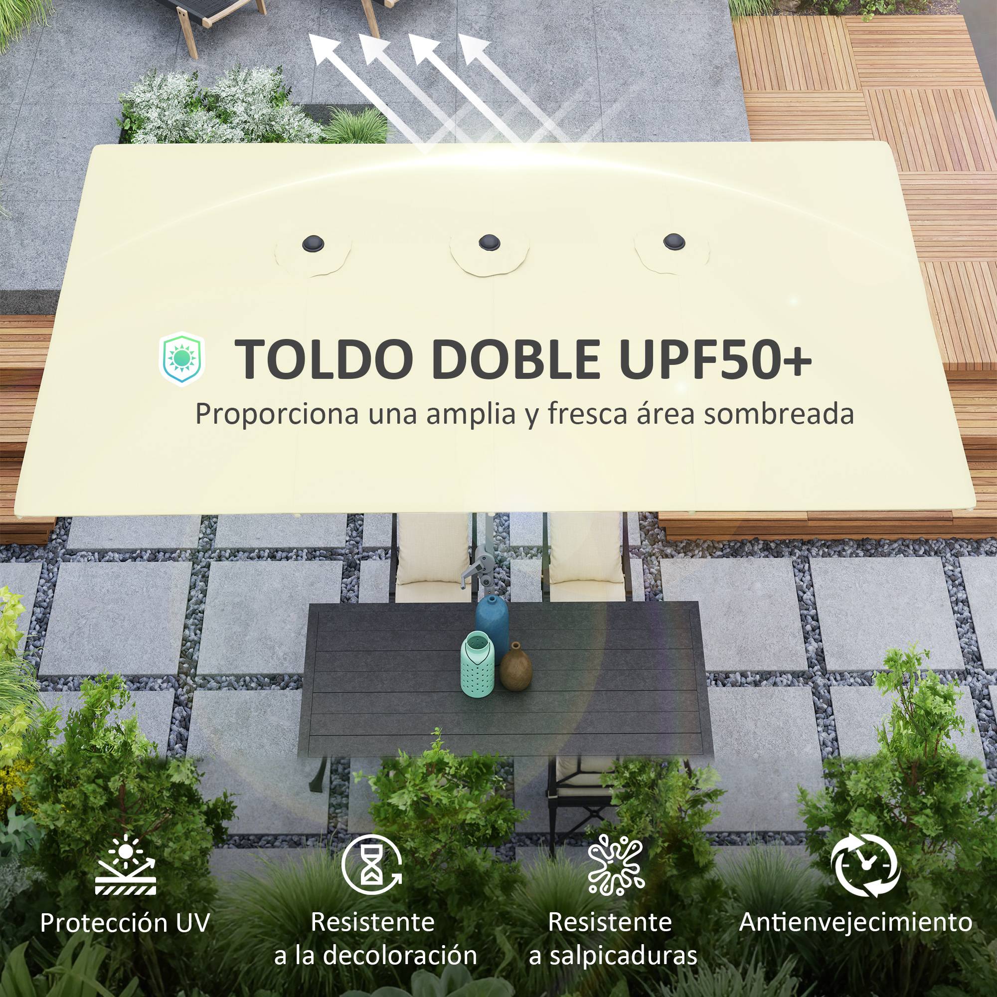 Parasol double 4,5 x 2,6 m pour terrasse extérieure, avec manivelle, imperméable et protection UV50+, couleur crème. - Image 7