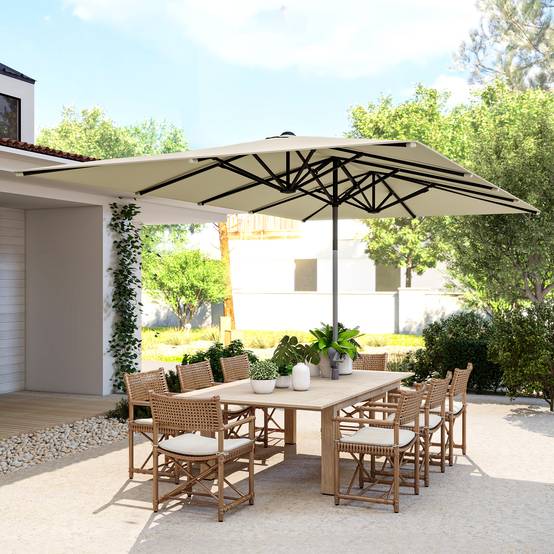 Parasol double 4,5 x 2,6 m pour terrasse extérieure, avec manivelle, imperméable et protection UV50+, couleur crème. - Image 4
