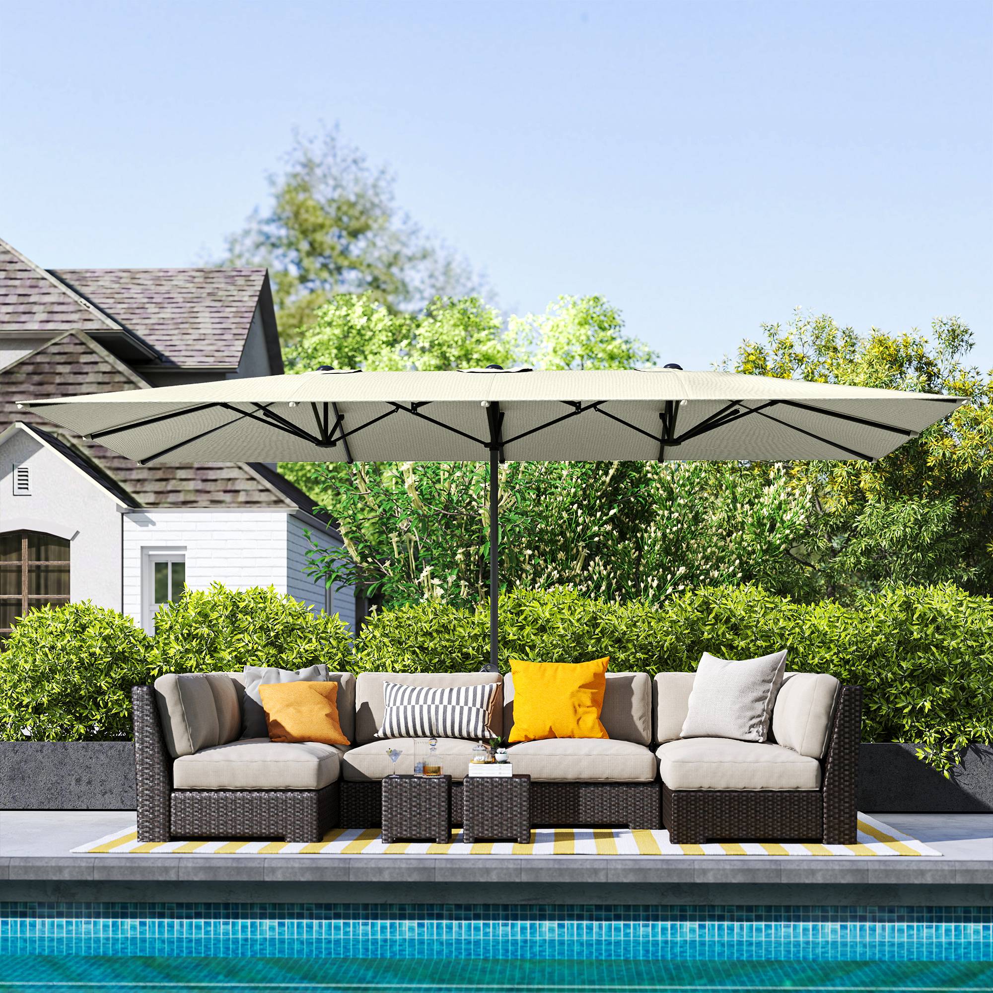 Parasol double 4,5 x 2,6 m pour terrasse extérieure, avec manivelle, imperméable et protection UV50+, couleur crème. - Image 10