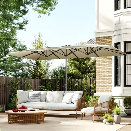 Parasol double 4,5 x 2,6 m pour terrasse extérieure, avec manivelle, imperméable et protection UV50+, couleur crème. - Image 3