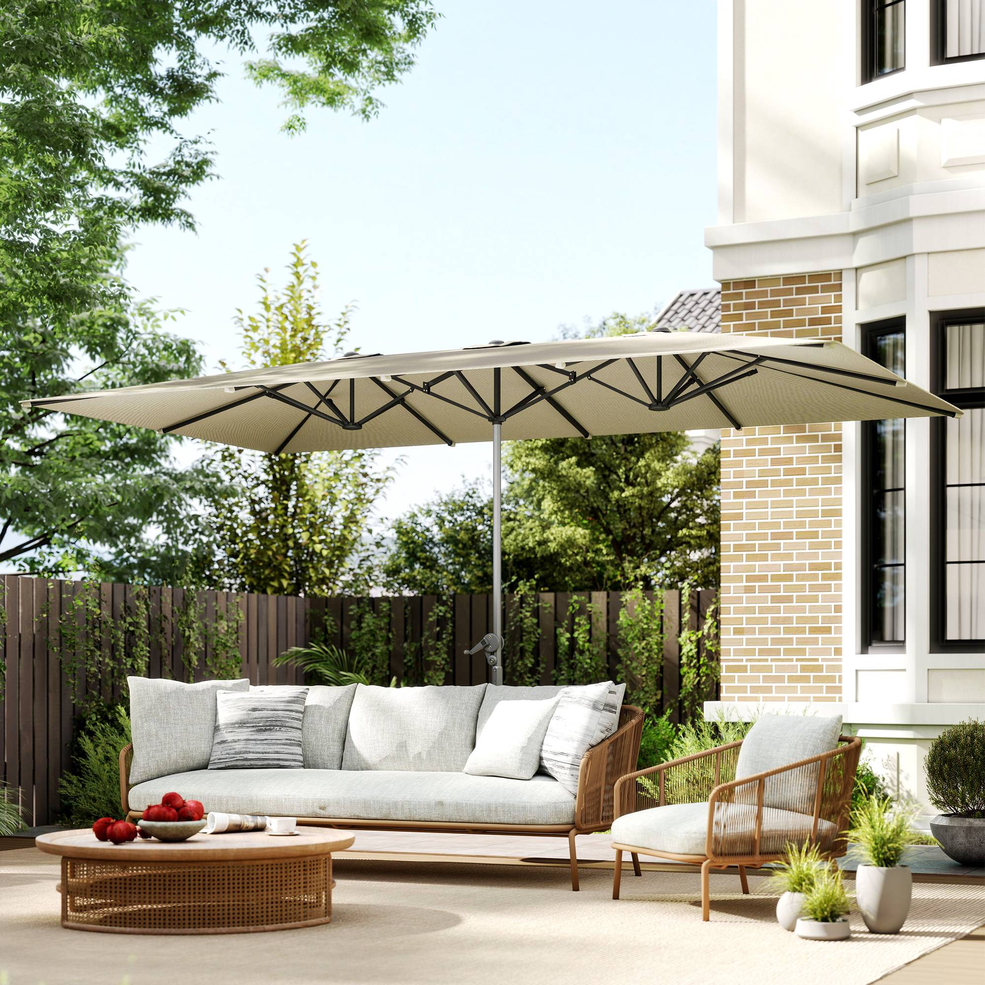 Parasol double 4,5 x 2,6 m pour terrasse extérieure, avec manivelle, imperméable et protection UV50+, couleur crème. - Image 3