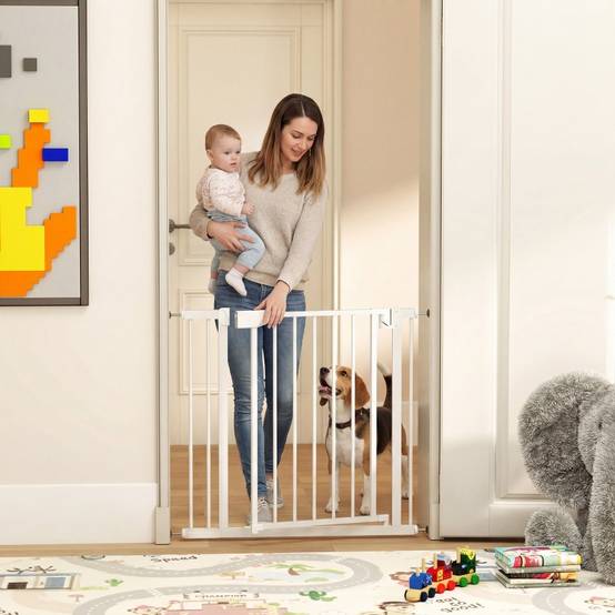Barrière de sécurité acier carbone bébés et chiens sans perçage 82-89x76cm blanc - ComfortXL Outdoor Living - Image 1