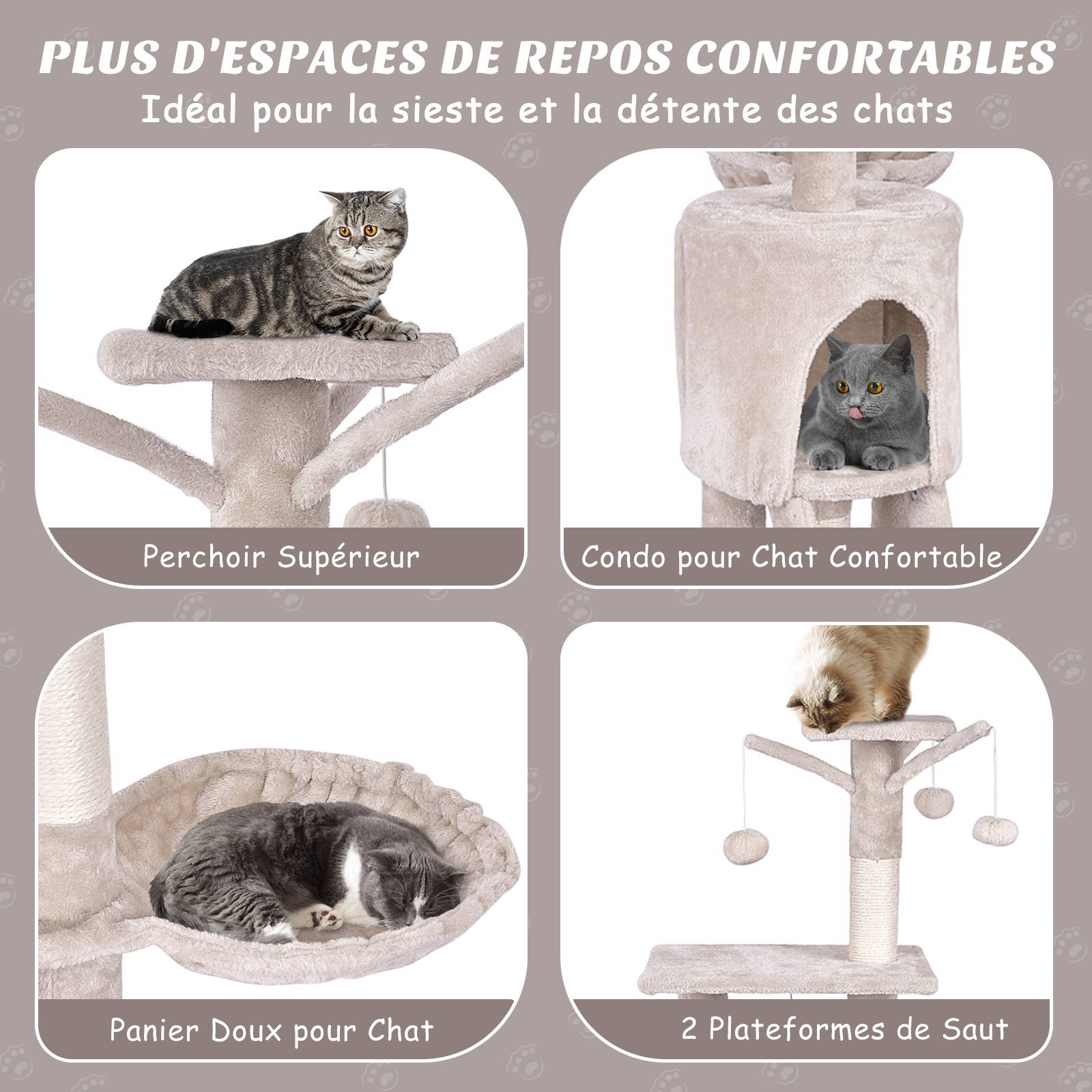 Arbre à Chat XXL 140 cm en Bois, 4 Plateformes, 7 Poteaux à Griffer en Sisal, 3 Baquettes à Pompons, Echelle, Condo, Tissu Peluche, 93 x 36 x 140 cm - Image 4