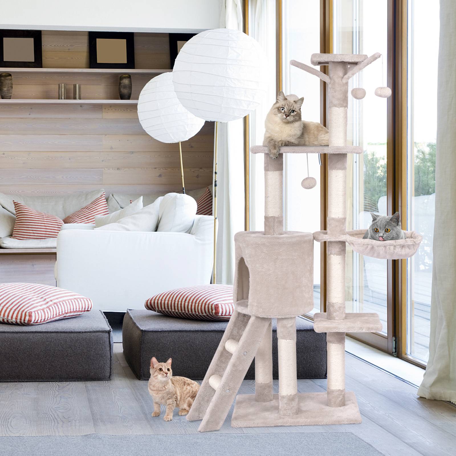 Arbre à Chat XXL 140 cm en Bois, 4 Plateformes, 7 Poteaux à Griffer en Sisal, 3 Baquettes à Pompons, Echelle, Condo, Tissu Peluche, 93 x 36 x 140 cm - Image 2
