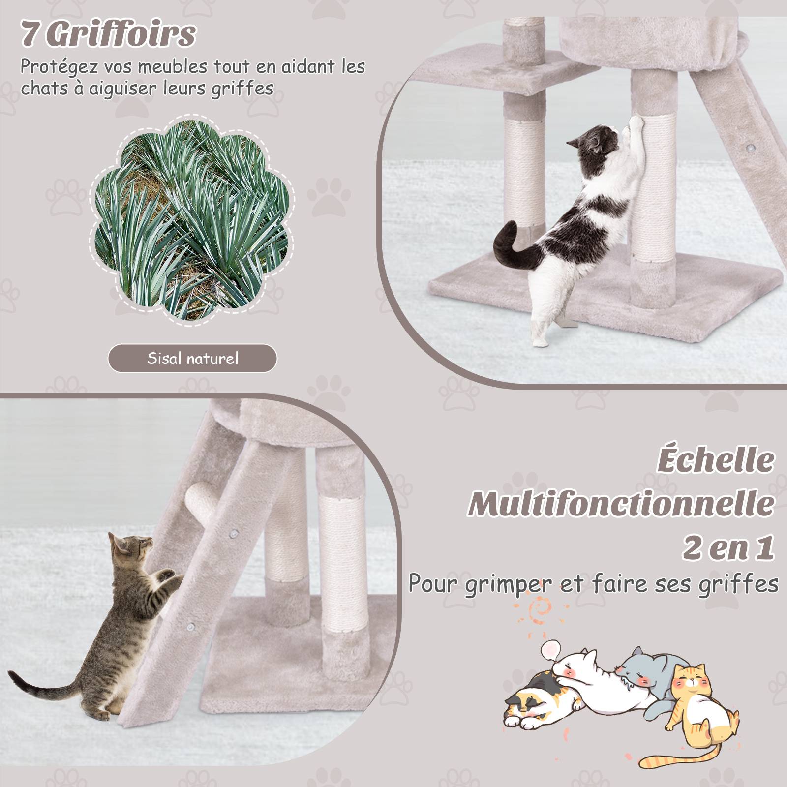 Arbre à Chat XXL 140 cm en Bois, 4 Plateformes, 7 Poteaux à Griffer en Sisal, 3 Baquettes à Pompons, Echelle, Condo, Tissu Peluche, 93 x 36 x 140 cm - Image 5