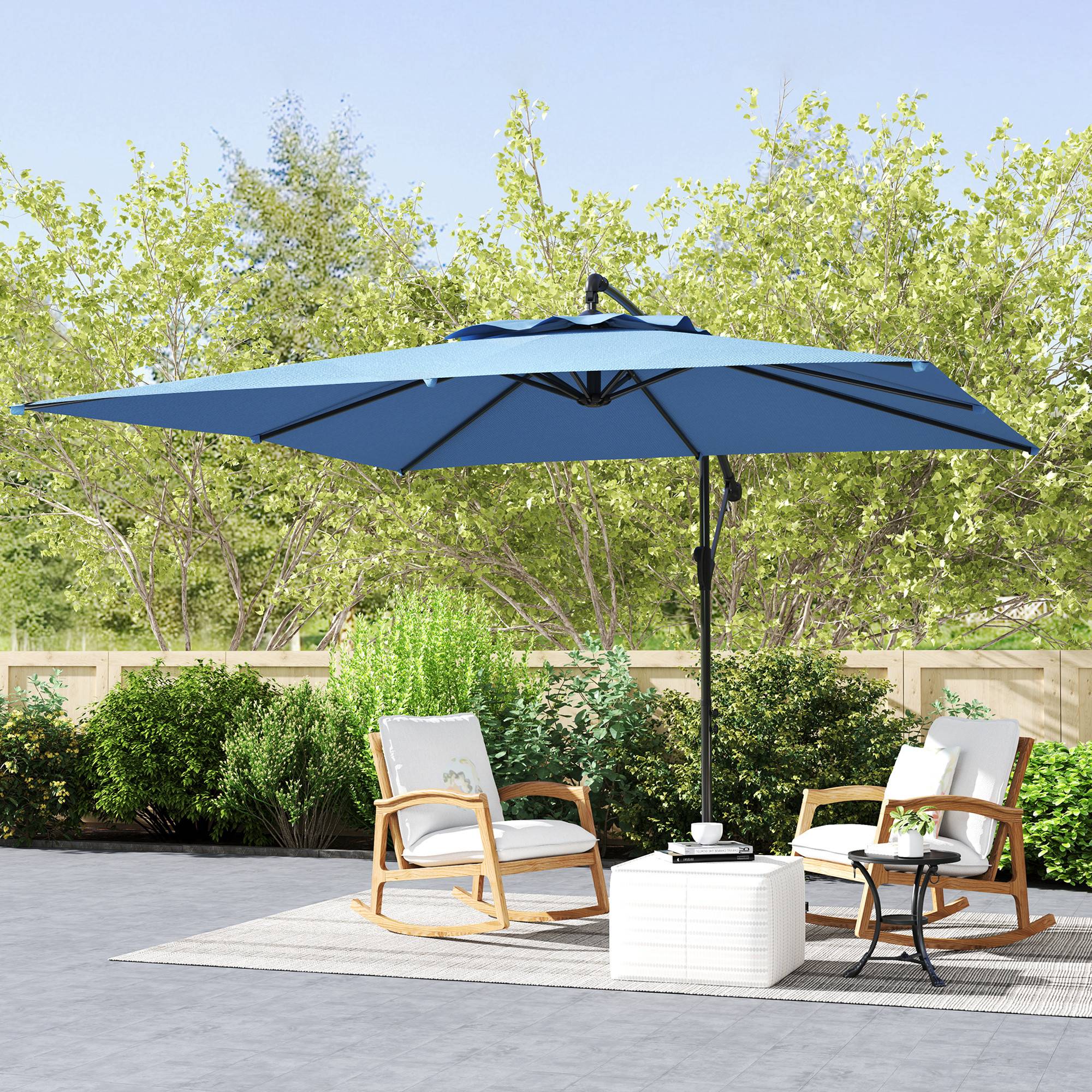 Parasol déporté carré 3 x 3 m avec manivelle, base croisée - Polyester Bleu fr305 - Image 4