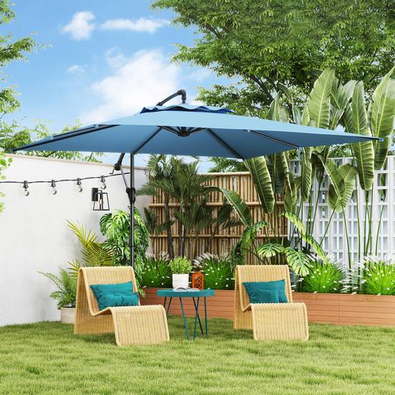 Parasol déporté carré 3 x 3 m avec manivelle, base croisée - Polyester Bleu fr305 - Image 3