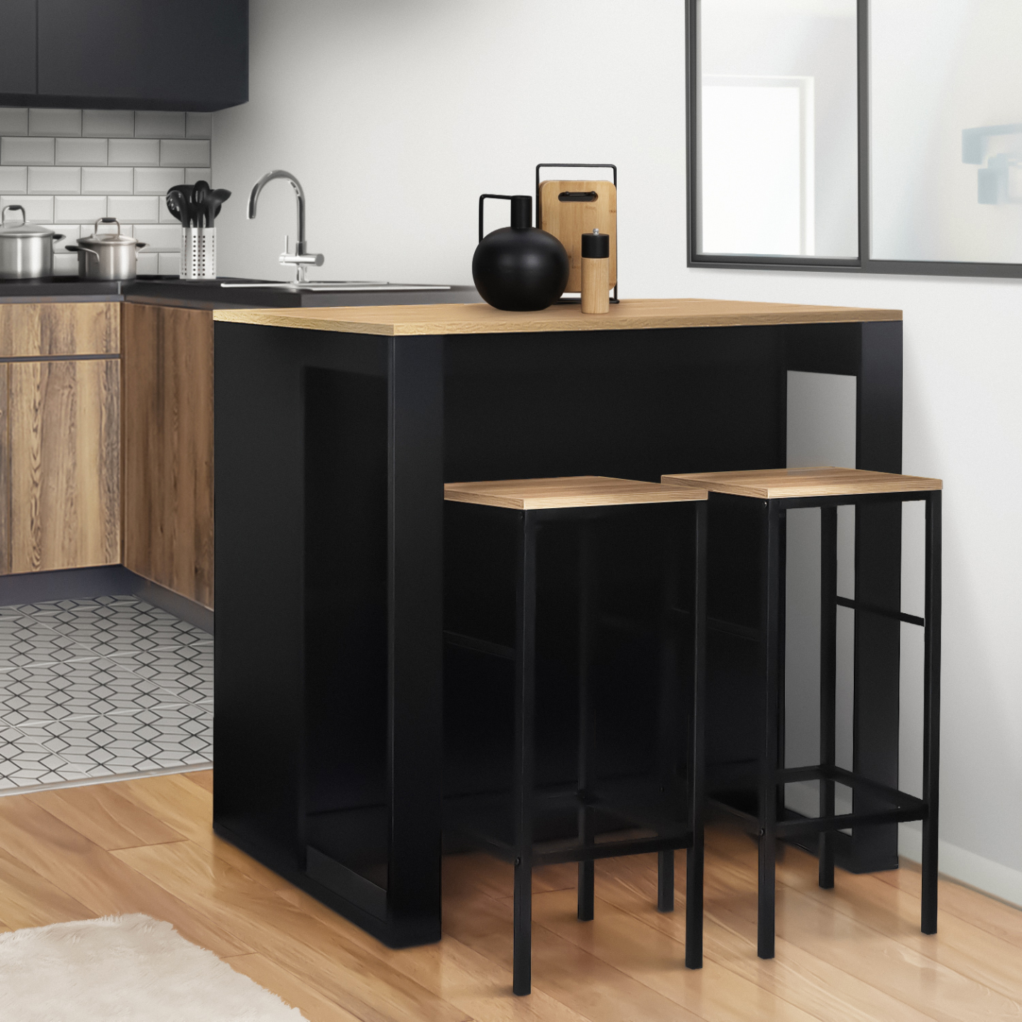 Table de bar îlot JUNO bois noir et plateau façon hêtre - Image 1