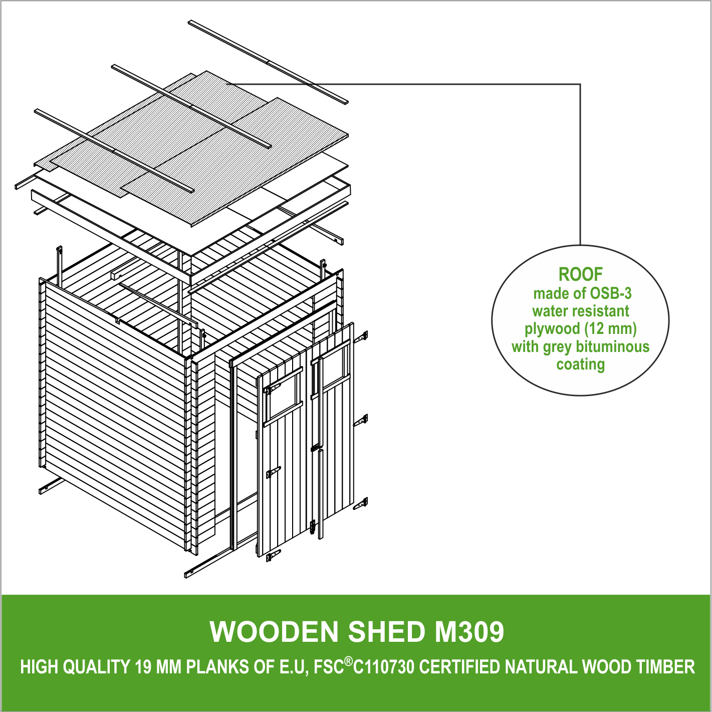 Timbela - Abri de jardin en bois - Stockage extérieur l204xL204xH200 cm/3.53 m2 - Petit abri à outils, Local à vélos - 19 mm d’épaisseur - TIMBELA M309 - Image 8