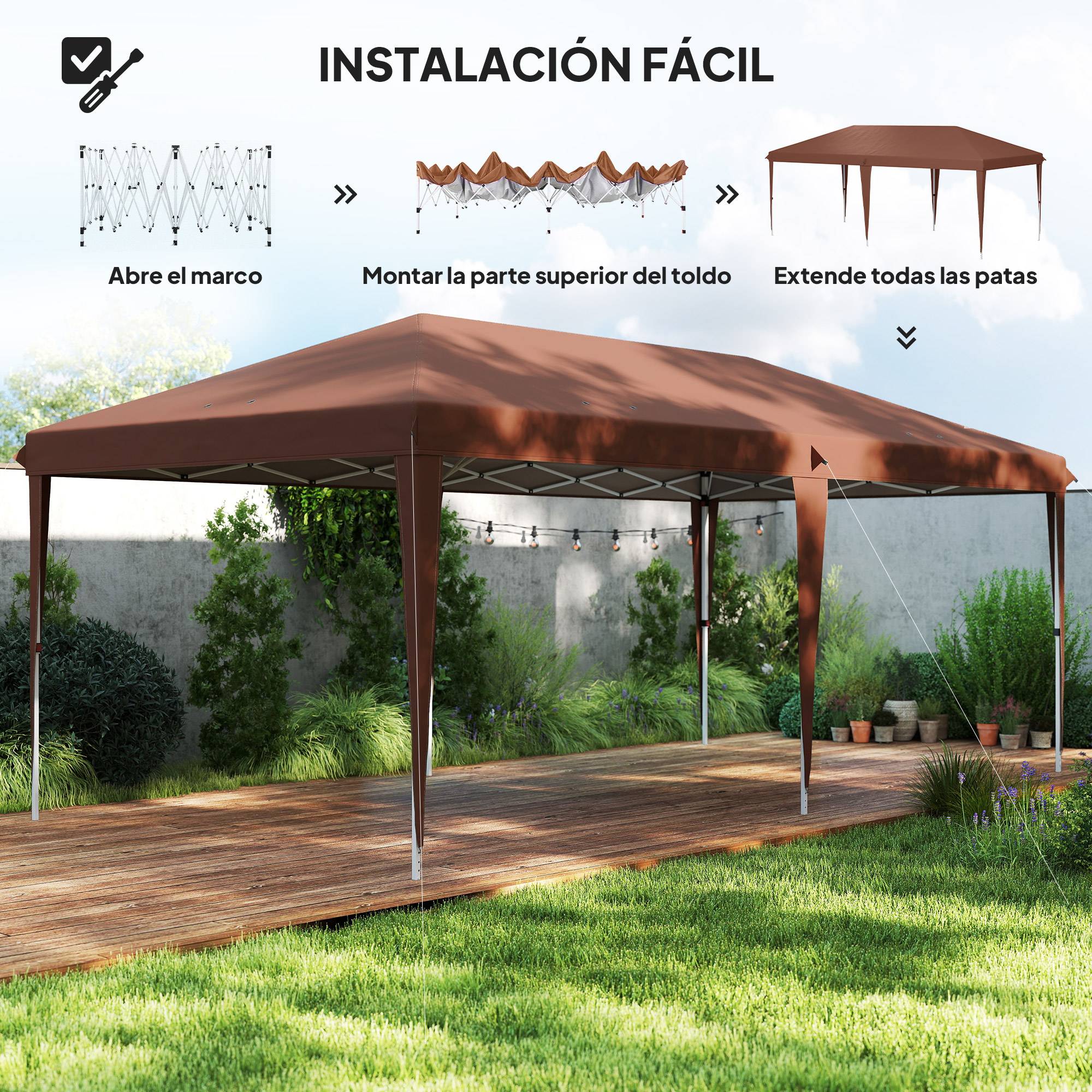 Tente pliante 6x3 m avec hauteur réglable sur 3 niveaux, sac de transport, protection UV et structure en acier, couleur café - Image 6