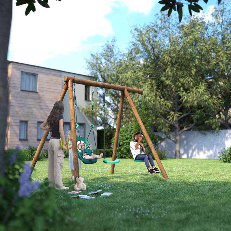 Soulet - Portique en bois rond 3 agrès avec balançoire bébé et corde disque TIAGO - Image 3