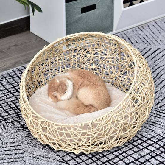 Sans Marque - Grotte pour chat en rotin, lit pour chat, maison pour chat avec coussin, tente pour chat, niche pour chats et chiens, beige, Ø56 x 35 cm - Image 3