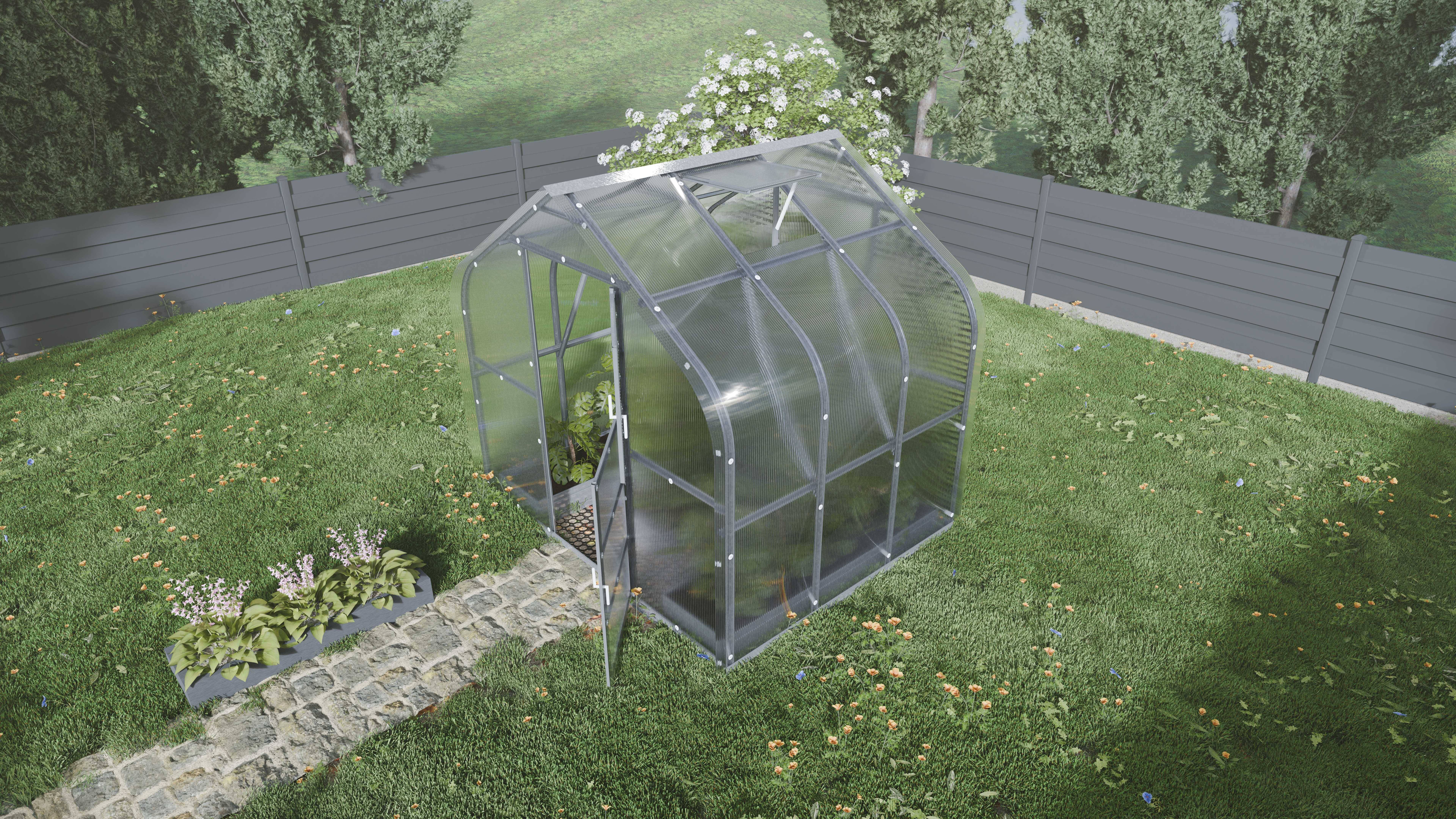 Serre KLASIKA Standard 5m2, 2,5m x 2m, 4 mm avec revêtement en polycarbonate (Avec 1 toit ouvrant automatique) - Image 1
