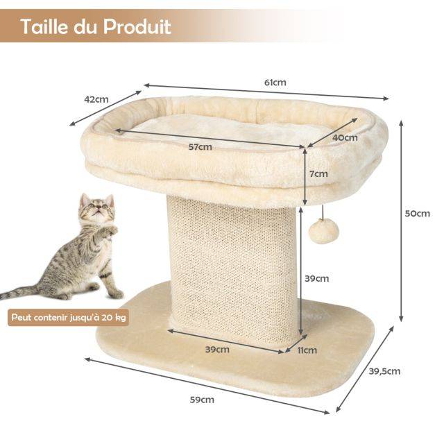 Helloshop26 - Arbre à chat en forme de tour avec lit grand perchoir en peluche tour à gratter en sisal pour chaton balle interactive beige - Image 2
