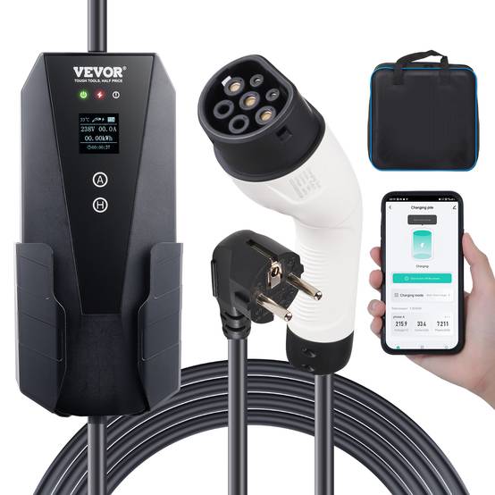 VEVOR Chargeur EV portable Type 2 16A 3,7kW, câble 8,6m, écran LCD, IP66, sac rangement. - Image 1