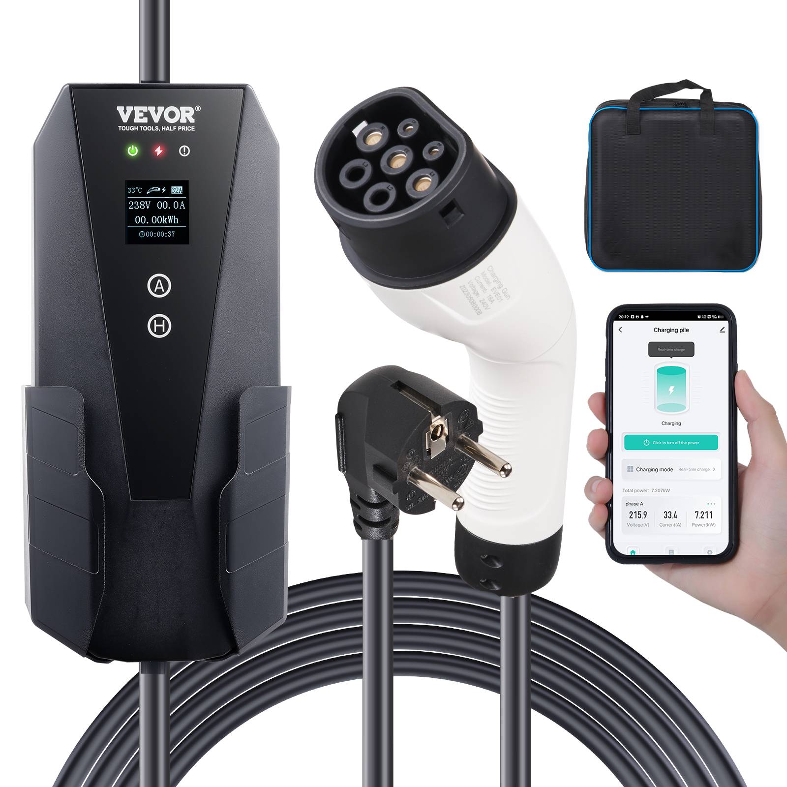 VEVOR Chargeur EV portable Type 2 16A 3,7kW, câble 8,6m, écran LCD, IP66, sac rangement. - Image 1