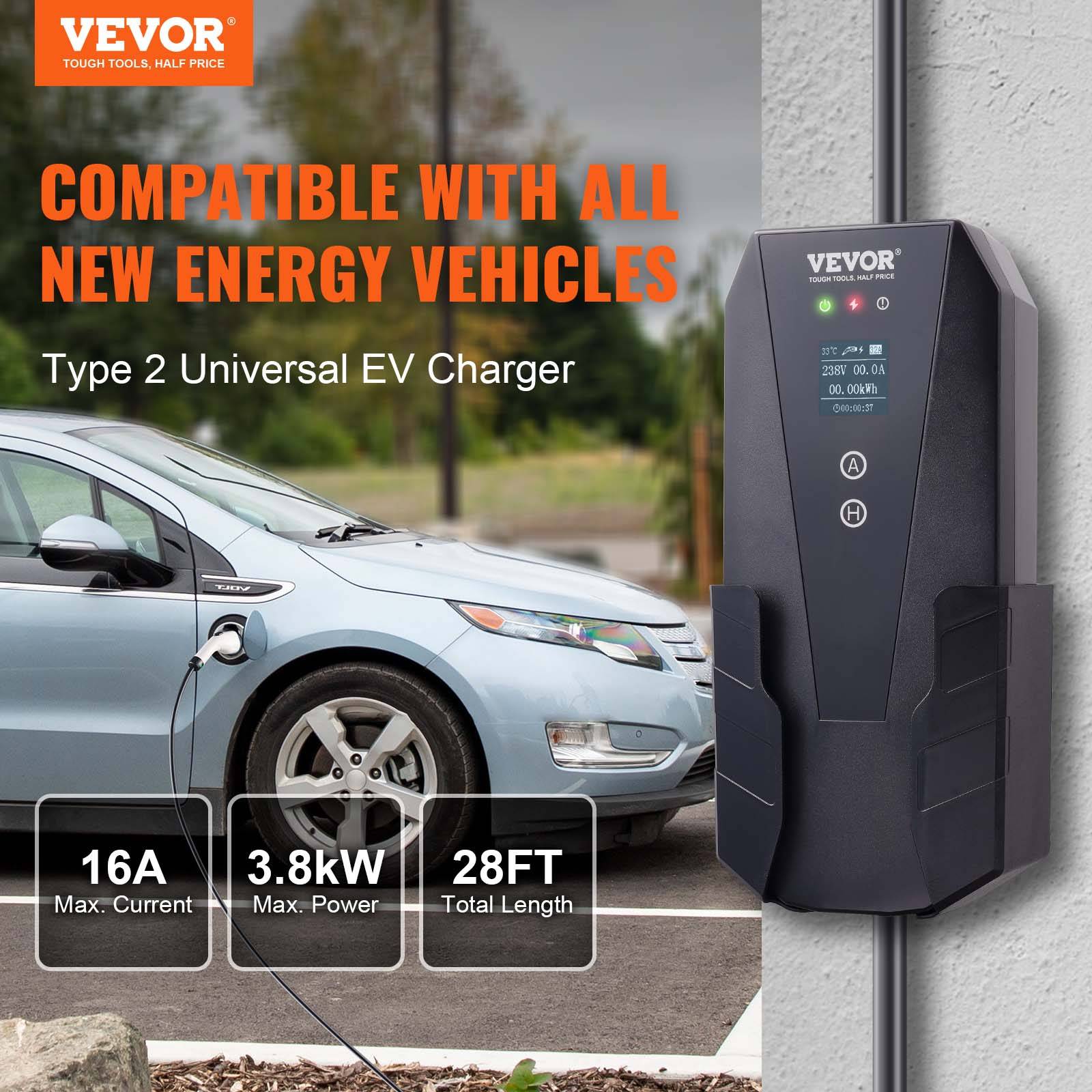 VEVOR Chargeur EV portable Type 2 16A 3,7kW, câble 8,6m, écran LCD, IP66, sac rangement. - Image 2