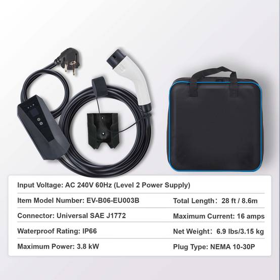 VEVOR Chargeur EV portable Type 2 16A 3,7kW, câble 8,6m, écran LCD, IP66, sac rangement. - Image 7