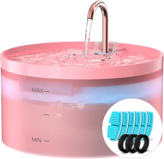 Fontaine à Eau de 3,2L pour Chat rose, 6 Pièces Filtre à Charbon + 3 Pièces Éponges