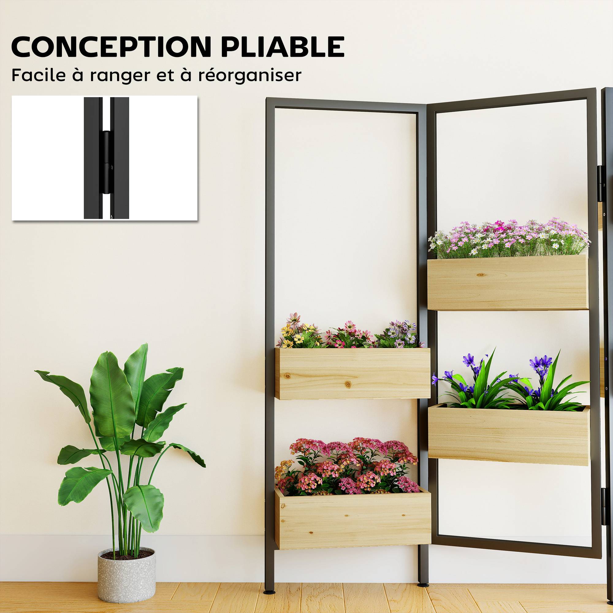 Sans Marque - Séparateur de pièce avec 6 bacs, paravent extérieur pliable à 3 panneaux avec trou de drainage et doublure, bois naturel - Image 7