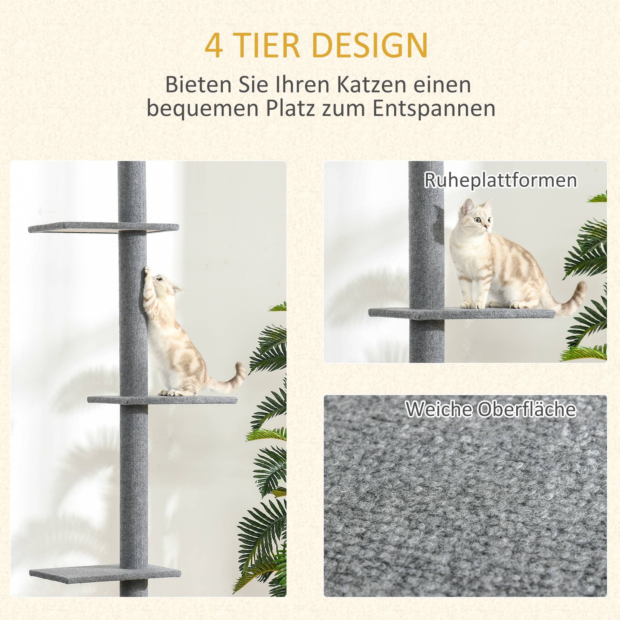 Arbre à chat plafond panneaux de particules et peluche gris 43 x 27 x 260 cm - PANGIVO - Image 8