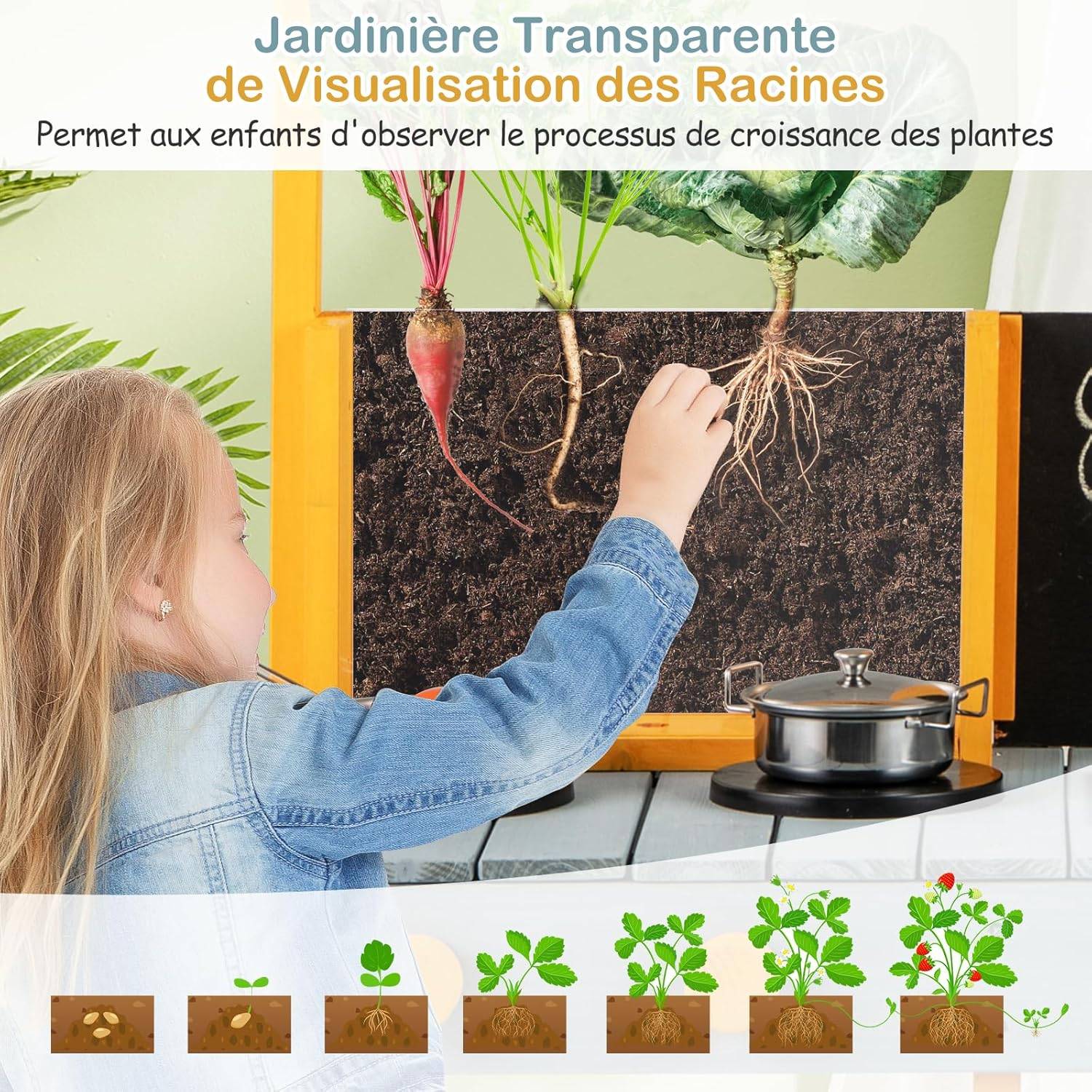 Cuisine De Jeu D'extérieur Pour Enfants – 80x30x81 Cm, Avec Robinet Courant, étagères, Pots De Fleurs Et 2 Roues