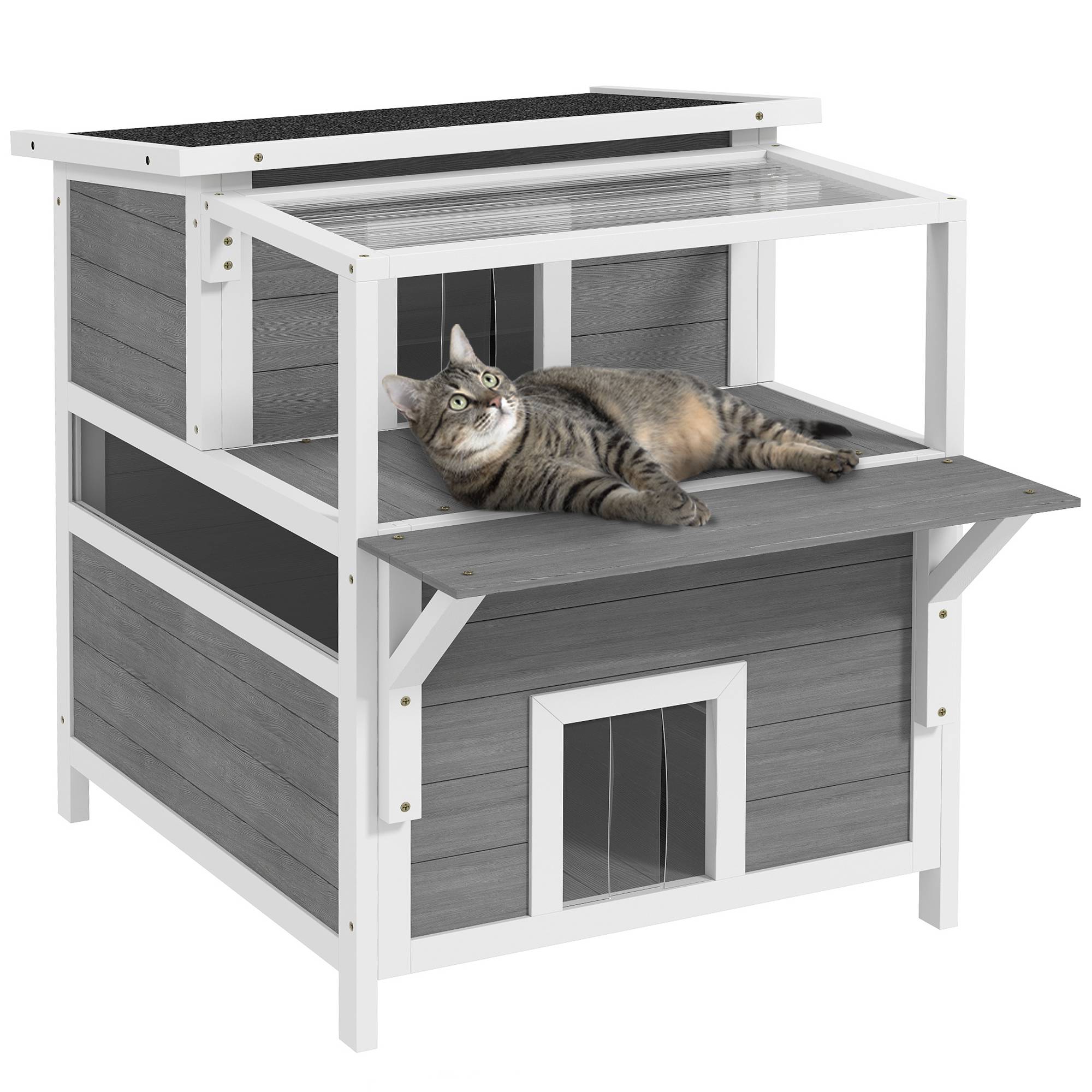 Sans Marque - Maison chat 2 étages balcon résistante intempéries protection pluie/soleil int/ext, Gris clair - Image 1