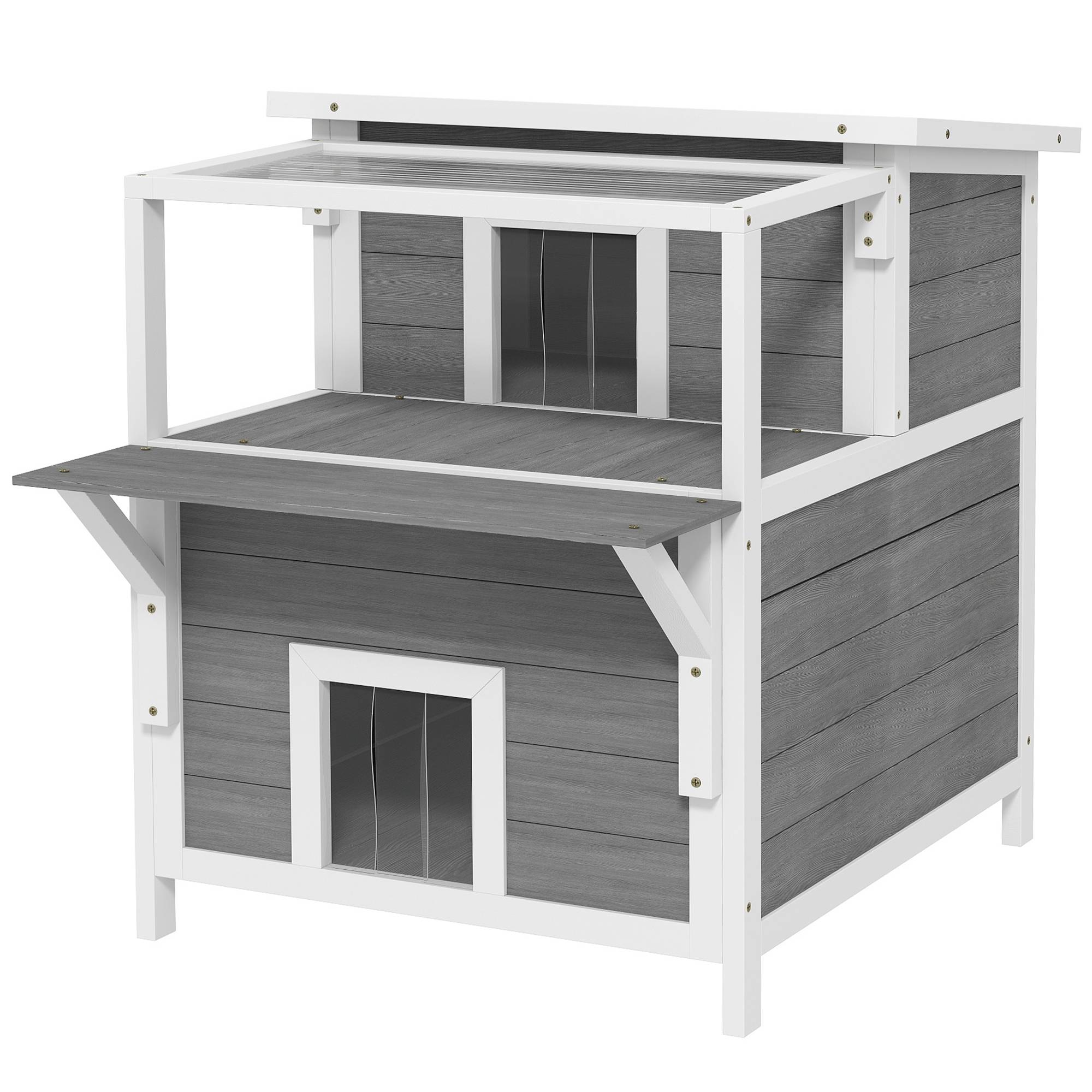 Sans Marque - Maison chat 2 étages balcon résistante intempéries protection pluie/soleil int/ext, Gris clair - Image 2