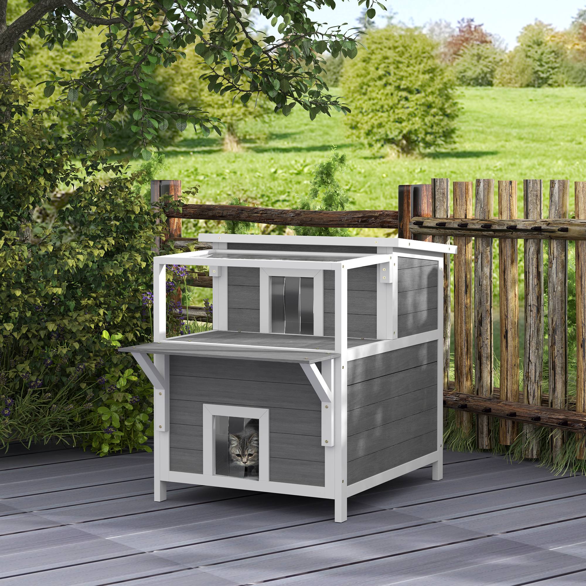 Sans Marque - Maison chat 2 étages balcon résistante intempéries protection pluie/soleil int/ext, Gris clair - Image 4