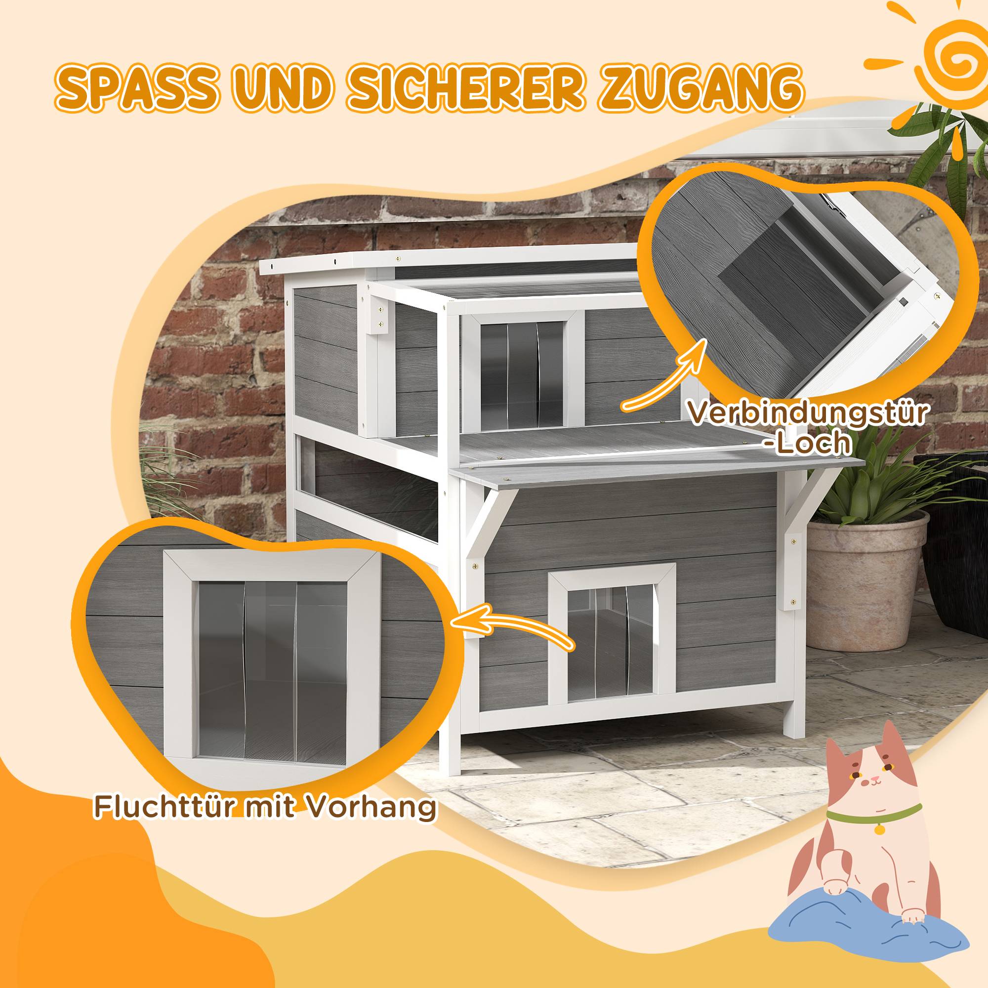 Sans Marque - Maison chat 2 étages balcon résistante intempéries protection pluie/soleil int/ext, Gris clair - Image 9