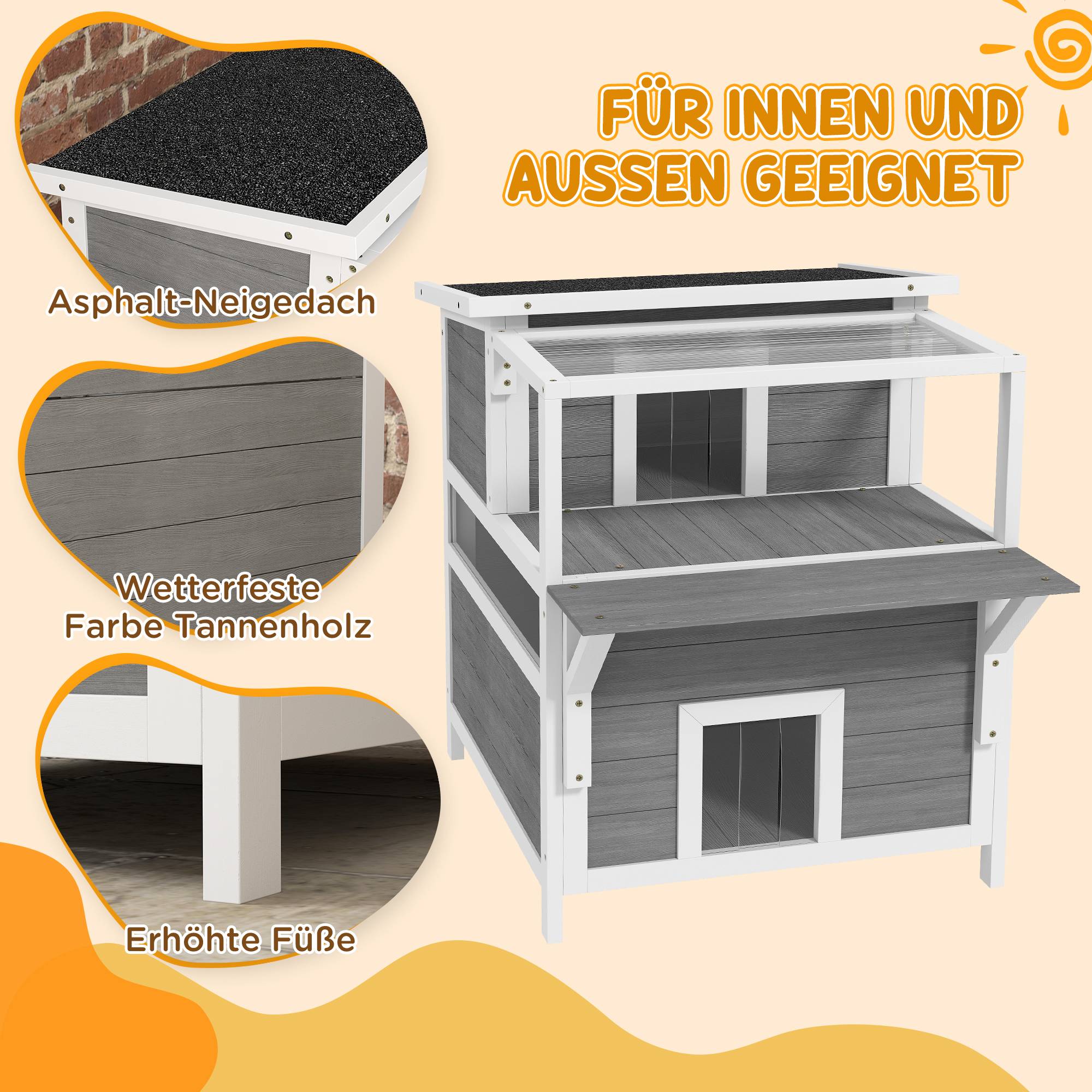 Sans Marque - Maison chat 2 étages balcon résistante intempéries protection pluie/soleil int/ext, Gris clair - Image 6