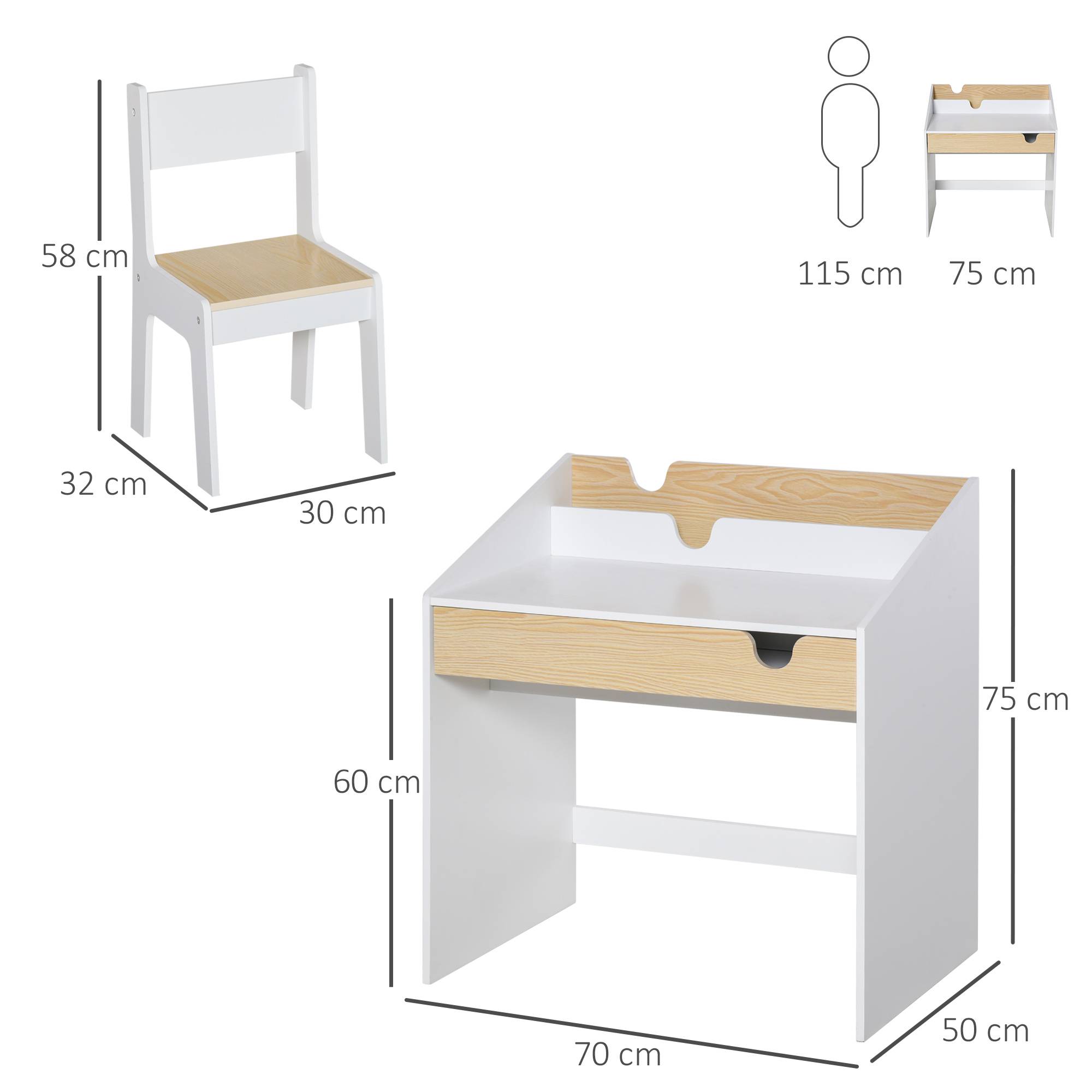Bureau enfant avec chaise 3-6 ans, tiroir et étagère livres, 70×50×75 cm, blanc et naturel - Image 5