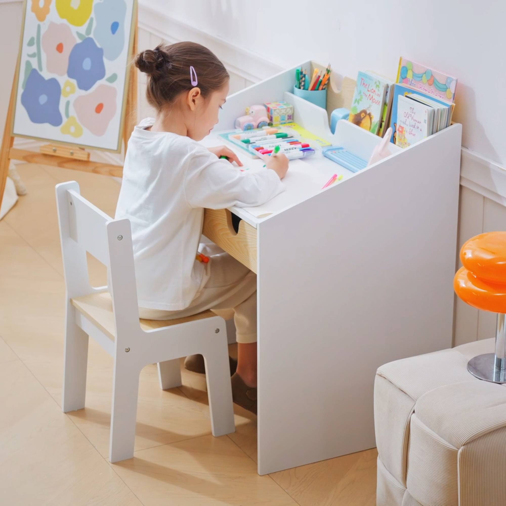 Bureau enfant avec chaise 3-6 ans, tiroir et étagère livres, 70×50×75 cm, blanc et naturel - Image 10