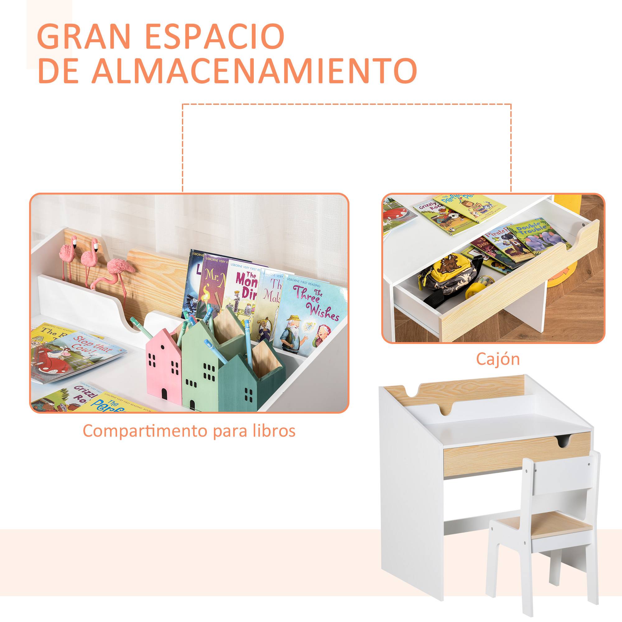 Bureau enfant avec chaise 3-6 ans, tiroir et étagère livres, 70×50×75 cm, blanc et naturel - Image 7