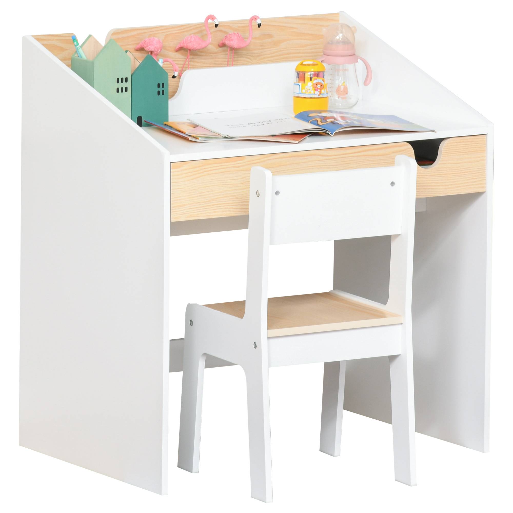 Bureau enfant avec chaise 3-6 ans, tiroir et étagère livres, 70×50×75 cm, blanc et naturel - Image 2