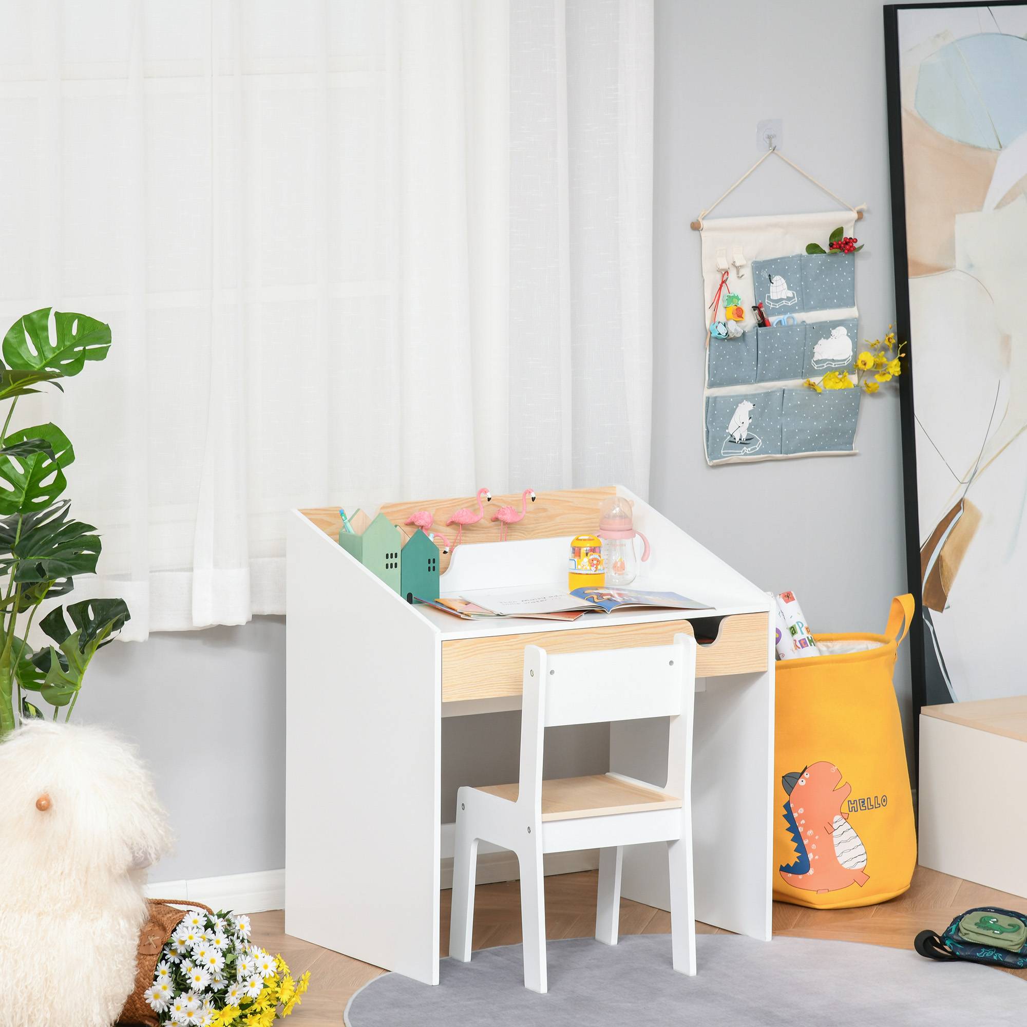 Bureau enfant avec chaise 3-6 ans, tiroir et étagère livres, 70×50×75 cm, blanc et naturel - Image 4