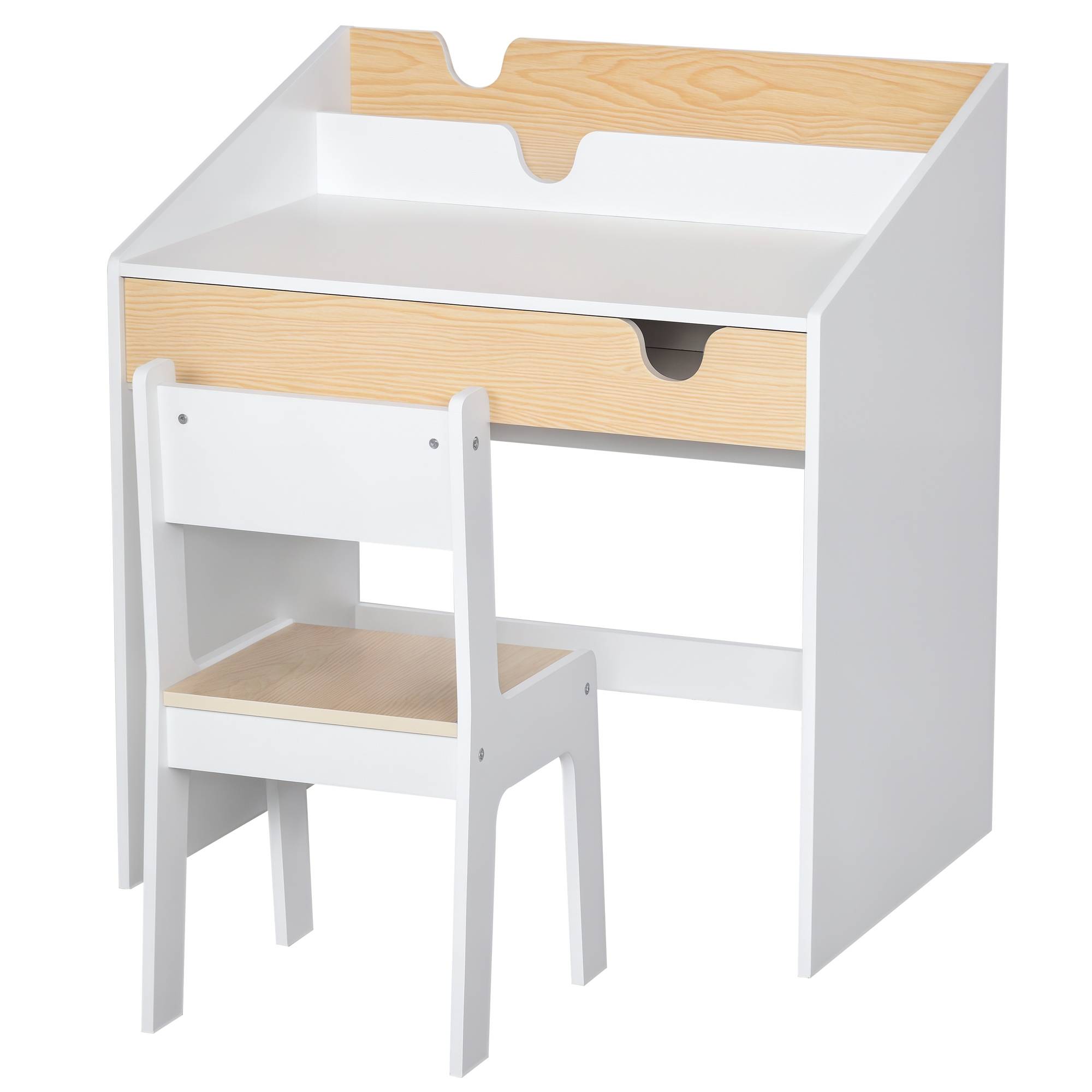 Bureau enfant avec chaise 3-6 ans, tiroir et étagère livres, 70×50×75 cm, blanc et naturel - Image 1