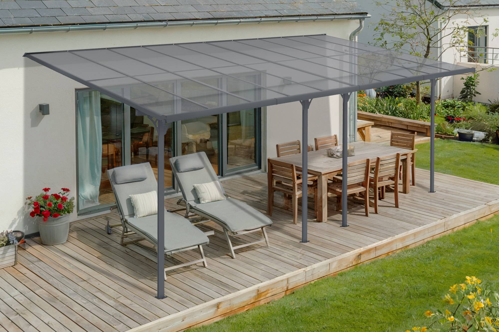 CAZEBOO - Cazeboo Pergola/Carport adossée 18m² KLEO 6x3 m gris - toit terrasse en aluminium et polycarbonate