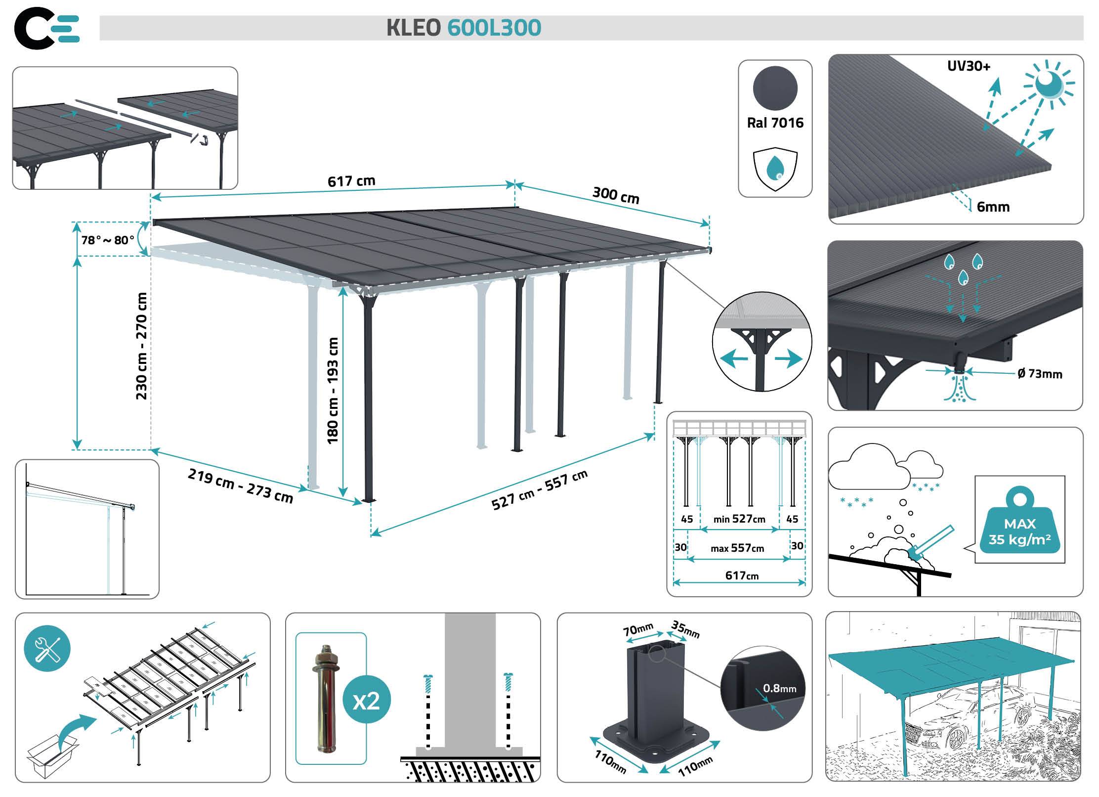 CAZEBOO - Cazeboo Pergola/Carport adossée 18m² KLEO 6x3 m gris - toit terrasse en aluminium et polycarbonate - Image 2