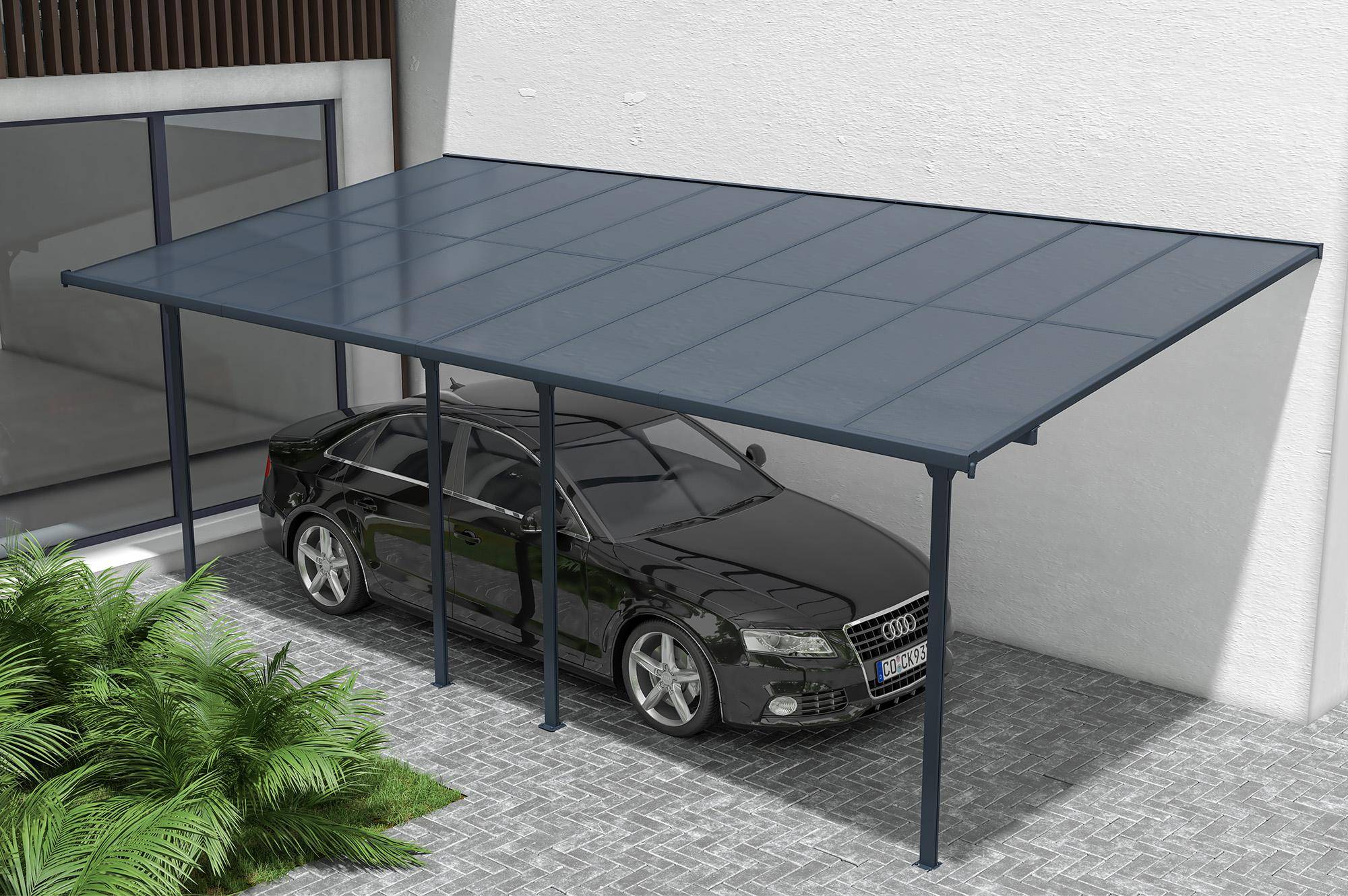 CAZEBOO - Cazeboo Pergola/Carport adossée 18m² KLEO 6x3 m gris - toit terrasse en aluminium et polycarbonate - Image 5