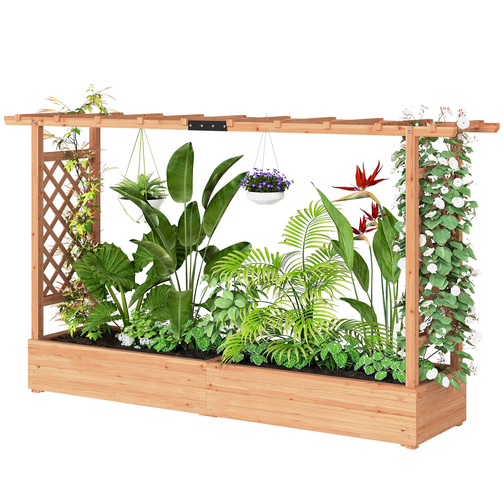 Jardinière surélevée avec treillis latéral et supérieur, bac à fleurs trous de drainage, 200x44x113,5cm, bois naturel - Image 2