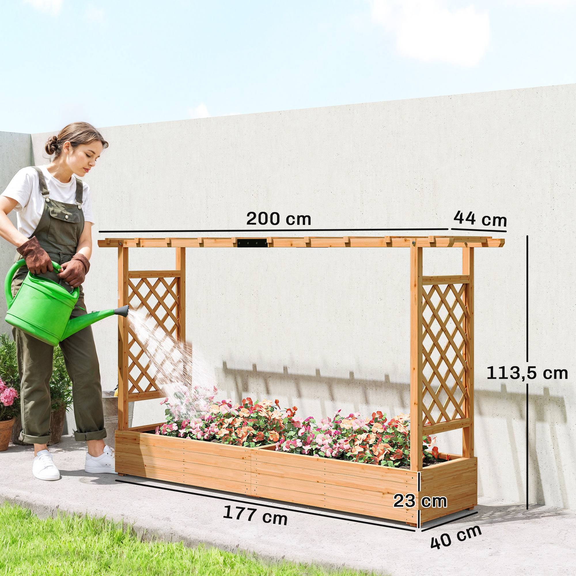 Jardinière surélevée avec treillis latéral et supérieur, bac à fleurs trous de drainage, 200x44x113,5cm, bois naturel - Image 5