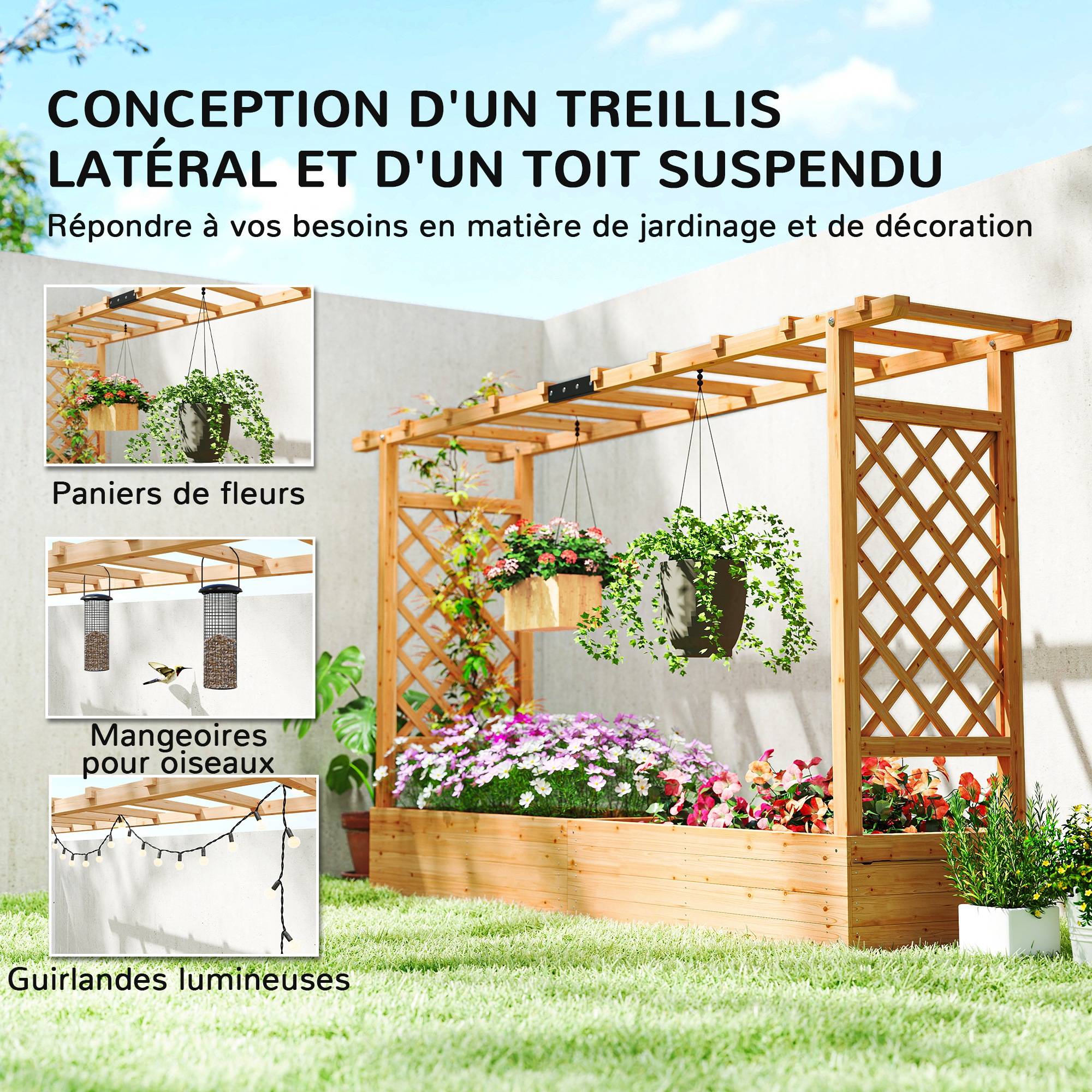 Jardinière surélevée avec treillis latéral et supérieur, bac à fleurs trous de drainage, 200x44x113,5cm, bois naturel - Image 7