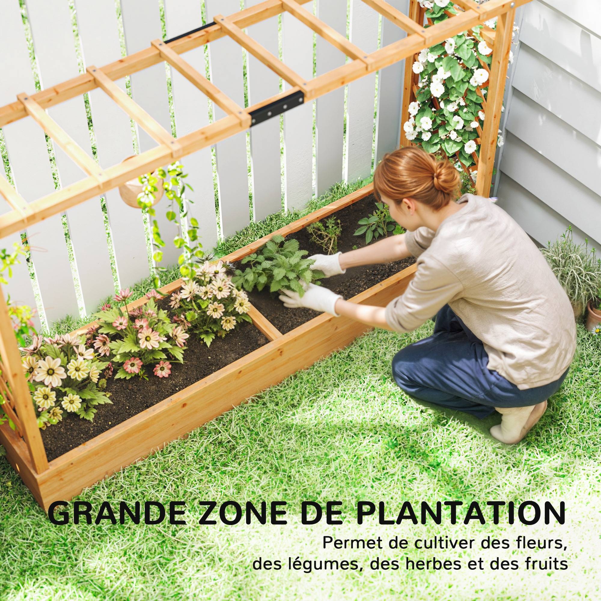 Jardinière surélevée avec treillis latéral et supérieur, bac à fleurs trous de drainage, 200x44x113,5cm, bois naturel - Image 6