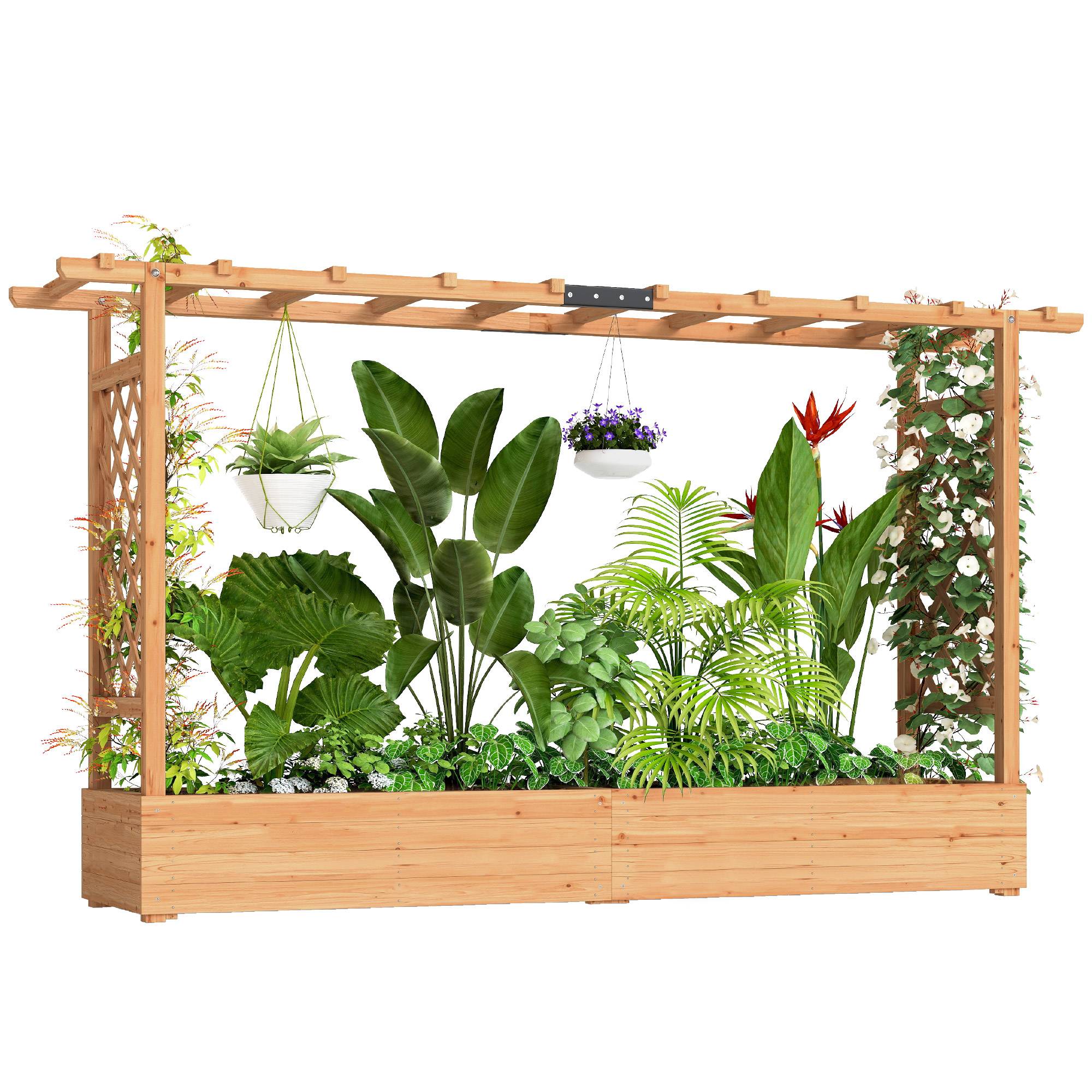 Jardinière surélevée avec treillis latéral et supérieur, bac à fleurs trous de drainage, 200x44x113,5cm, bois naturel - Image 1