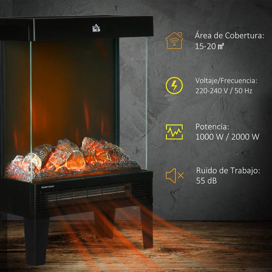 Cheminée électrique 1000W/2000W chauffage cheminée flamme LED réglable jusqu'à 15-20 m² 40,5x20x62 cm noir - Image 8