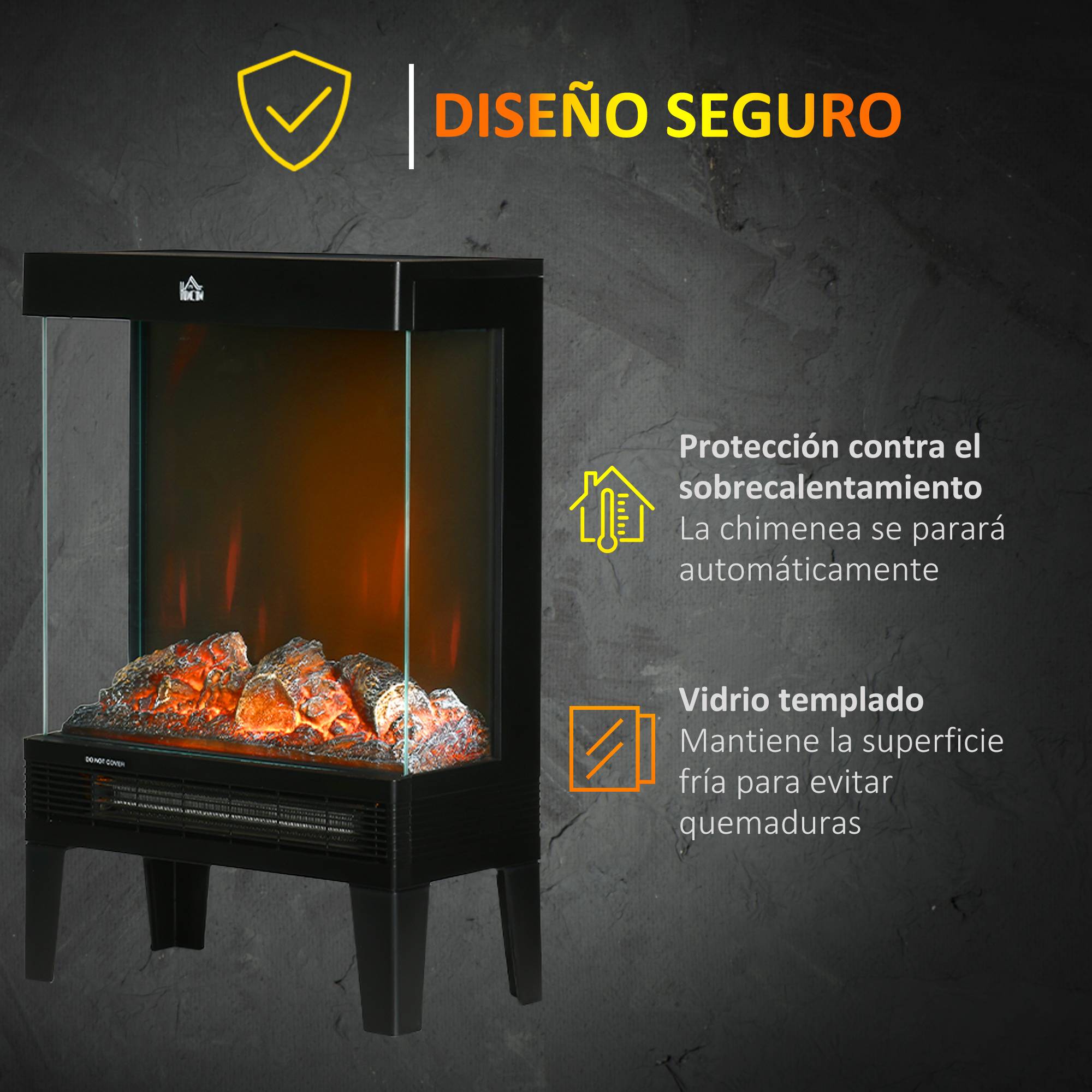 Cheminée électrique 1000W/2000W chauffage cheminée flamme LED réglable jusqu'à 15-20 m² 40,5x20x62 cm noir - Image 9