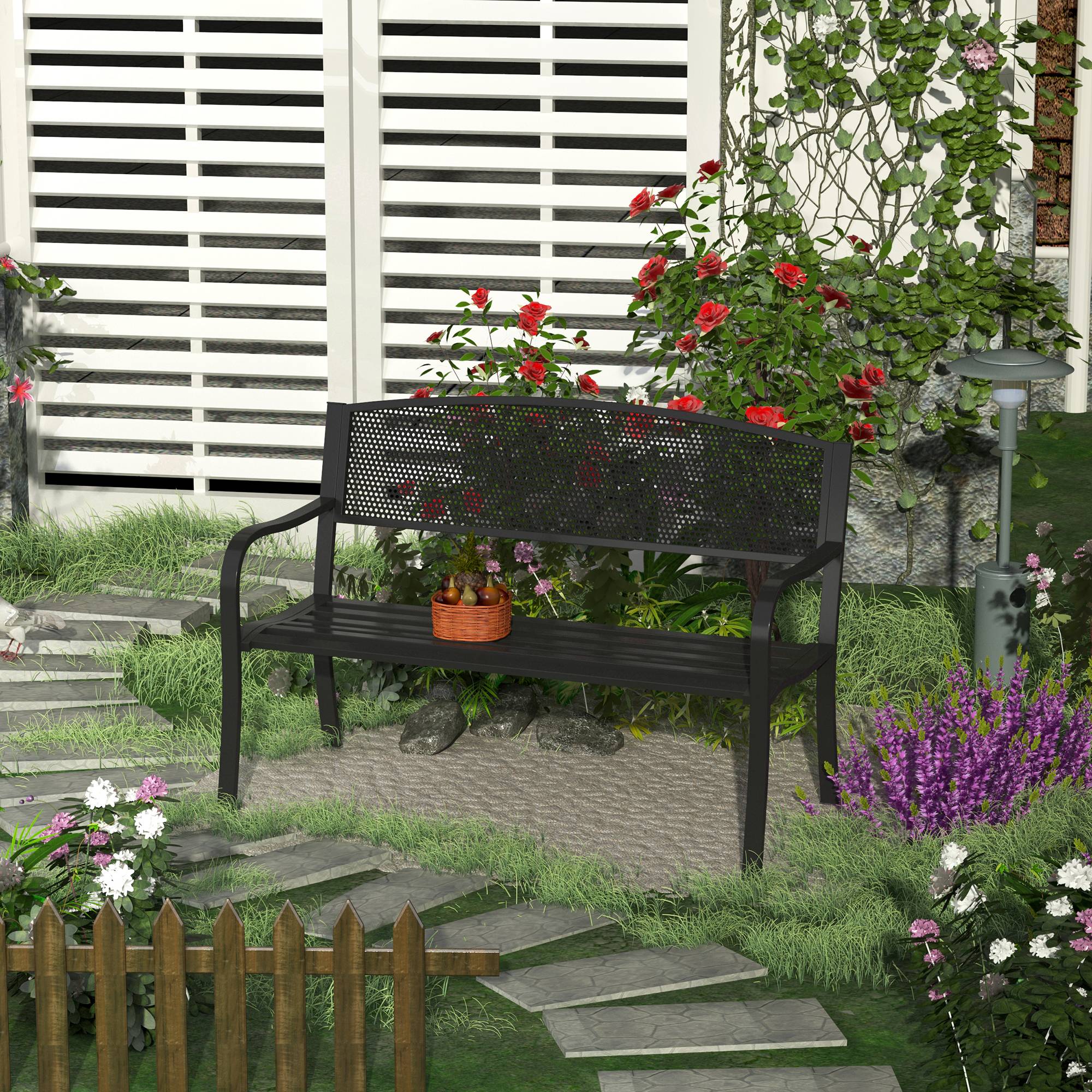 Banc 3 Places de Jardin terrasse Style Contemporain 127L x 60l x 87H cm métal époxy anticorrosion Noir - Image 4